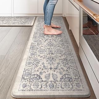 KIMODE Anti Fatigue Kitchen Mats for Floor Cushioned Kitchen Rugs Sets of 2 | 17"x59"+17"x29",Vintage Floral,Blue,Non-slip,Waterproof,Kitchen Rug,Comfort Foam Paded Mat for Floors Office Laundry Sink