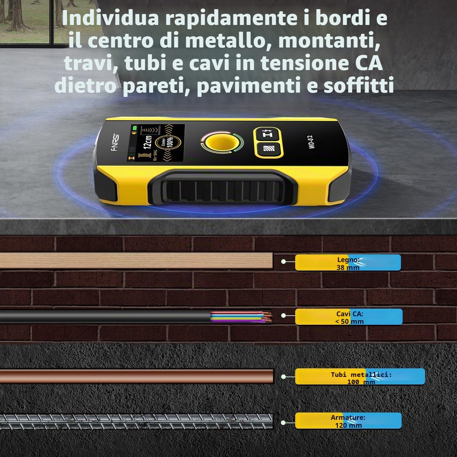 FNIRSI WD-02 Rilevatore di Montanti da Parete - Sensore Elettronico con Display TFT, Scanner da Parete con Foro di Posizionamento Centro e Bordo in Ca, Legno, Montanti Metallici, Travetti, Tubi