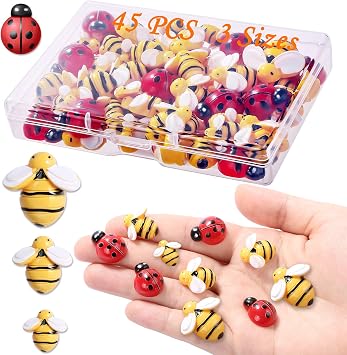 CCOZN 45 Pieces Tiny Resin Bees Ladybugs, 25 Pcs Resin Honey Bumblebees Embellishments 20 Pcs Garden Ladybugs Decors with Box Bee Decoration for DIY Crafts Wreath Scrapbooking, 0.75 Inch