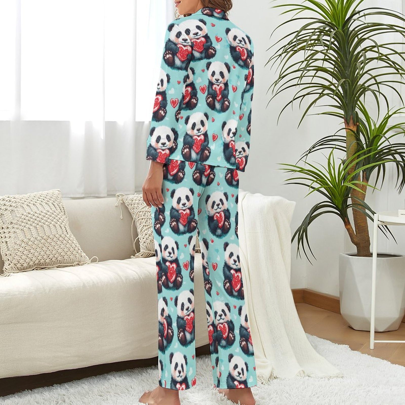 Cute Pandas Hearts - Conjunto de pijama para mujer, cuello en V, manga larga, pantalones y pantalones cómodos, ropa de dormir suave