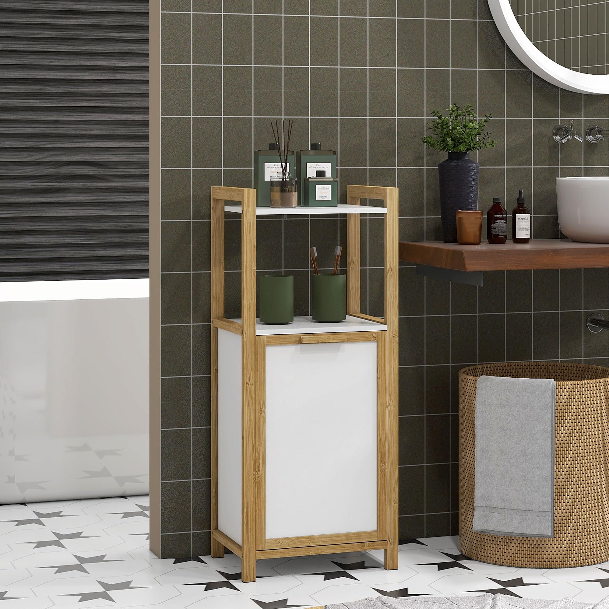 HOMCOM Standschrank aus Bambus mit Wäschekorb, 40 x 30 x 86,5 cm