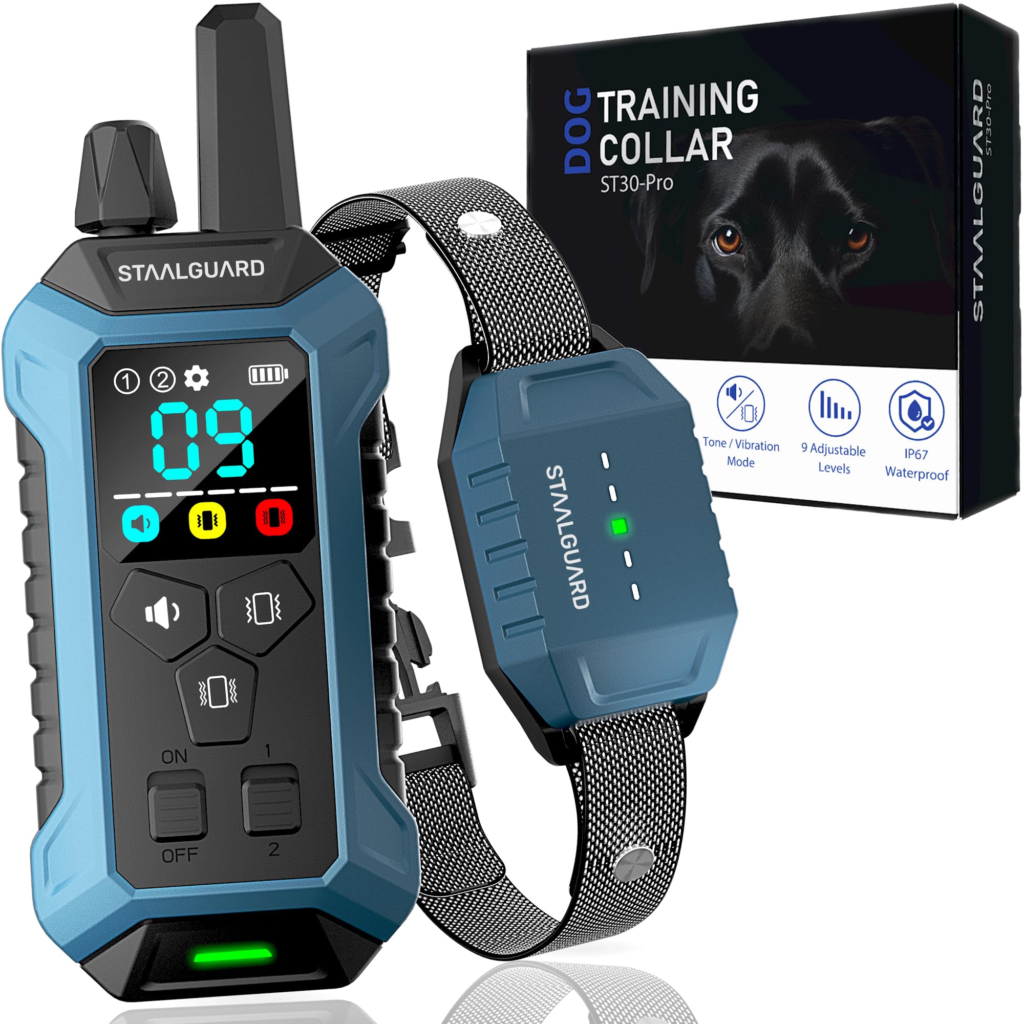 Training Collar for Dogs, No Electric Shock, 9 Levels, Sound, Vibration and Boost, Range 3000 m, Rechargeable, 30 Days Autonomy, IP67 Waterproof, for All Dogs