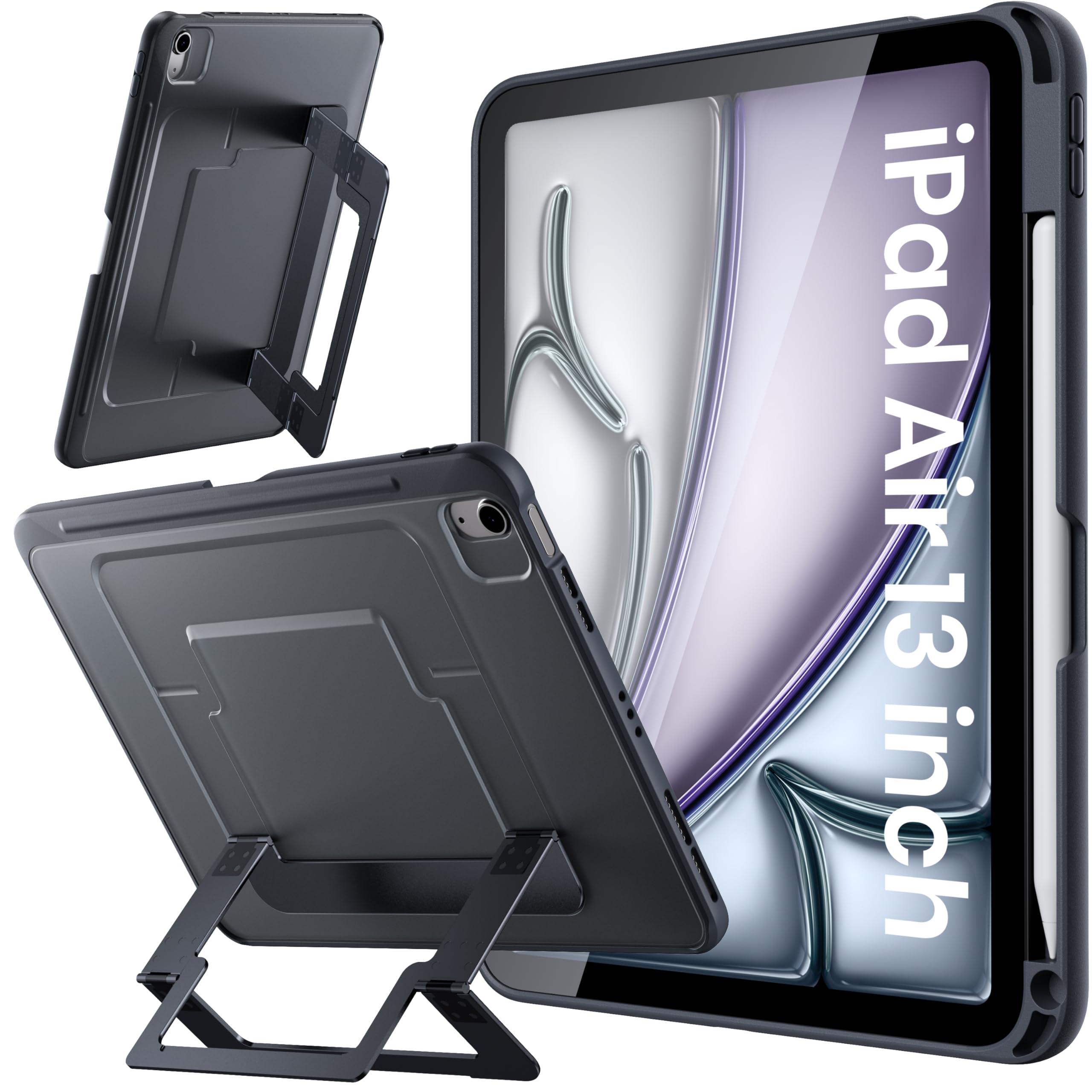 WSKEN Stock Matt Hülle für iPad Air 13 Zoll (M4/M3/M2-2026/2025/2024),Stifthalter& Ständer Multi Verstellbare Kickstand Abdeckung Stoßfeste Robust Schutzhülle Case Cover Schwarz