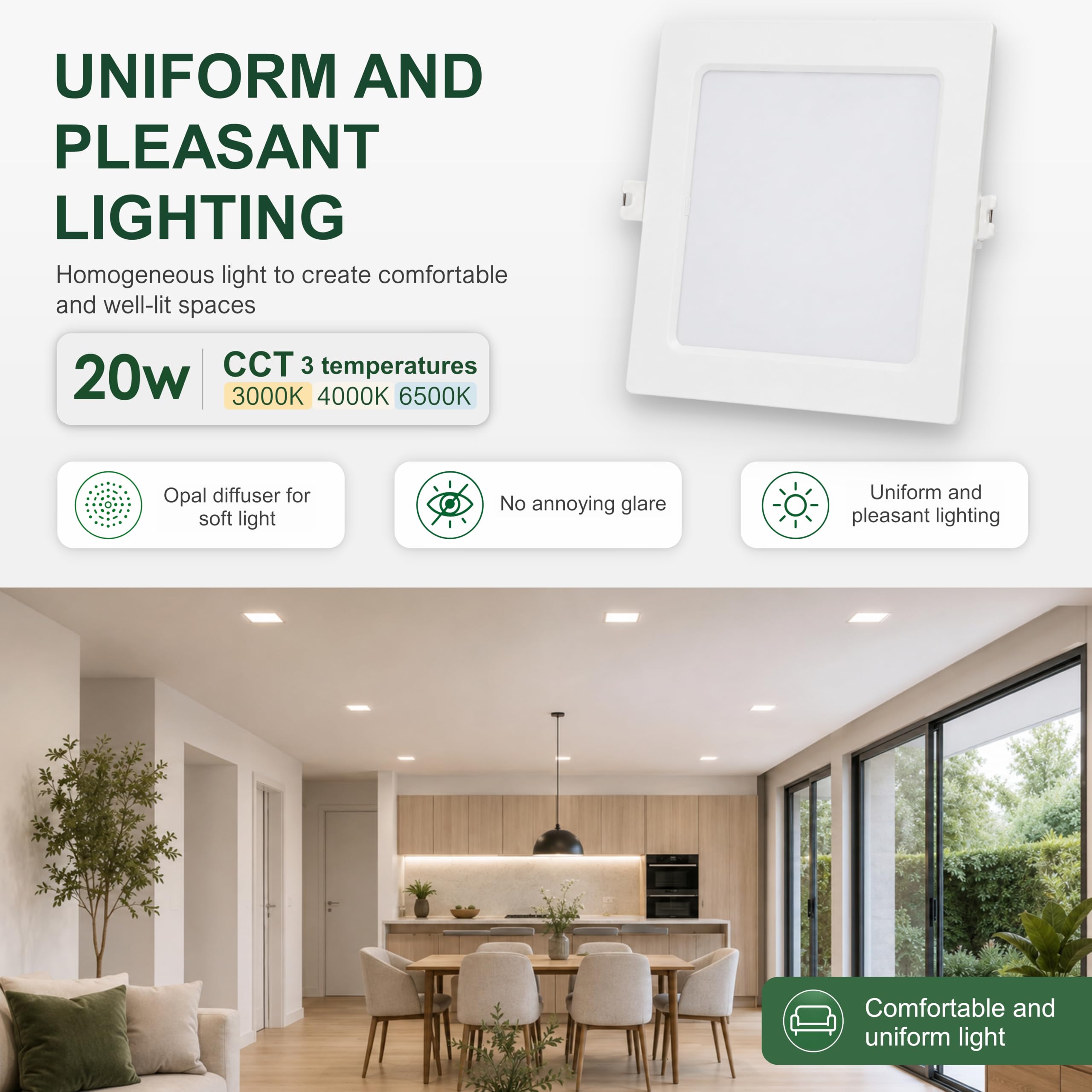 CLAR – Faretto quadrato da incasso 20 W, Downlight per bagno, lampadario moderno per ufficio o camera da letto, CCT (3000ºk-4000ºk-6500ºk) (Pack 10)
