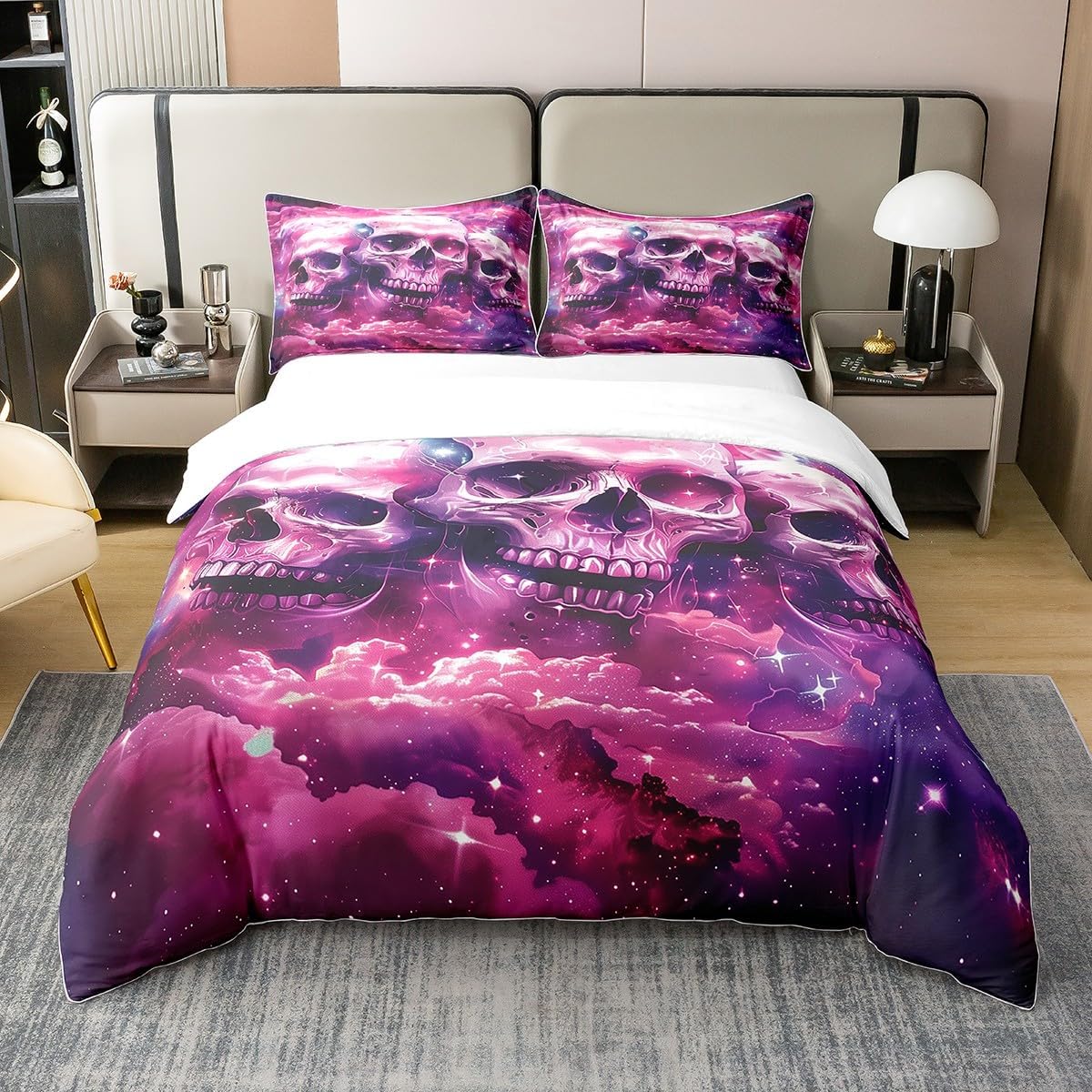 Sugar Skull Duvet Cover 100% Cotton Queen,Watercolor Halloween Gothic Skeleton Comforter Cover (Not Comforter),Dreamy Pink Purple Galaxy Sky Nebula All Season Super Soft Bedding Bedroom Decor