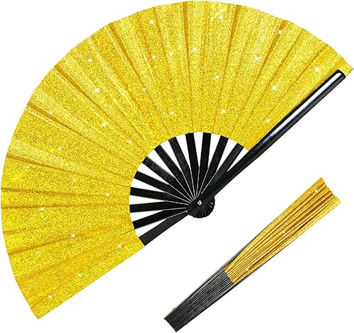 Miniatura 15 de Ventilador plegable grande para rave, ventilador plegable de bambú chino japonés con brillo UV, ventilador de mano para baile, música, festival