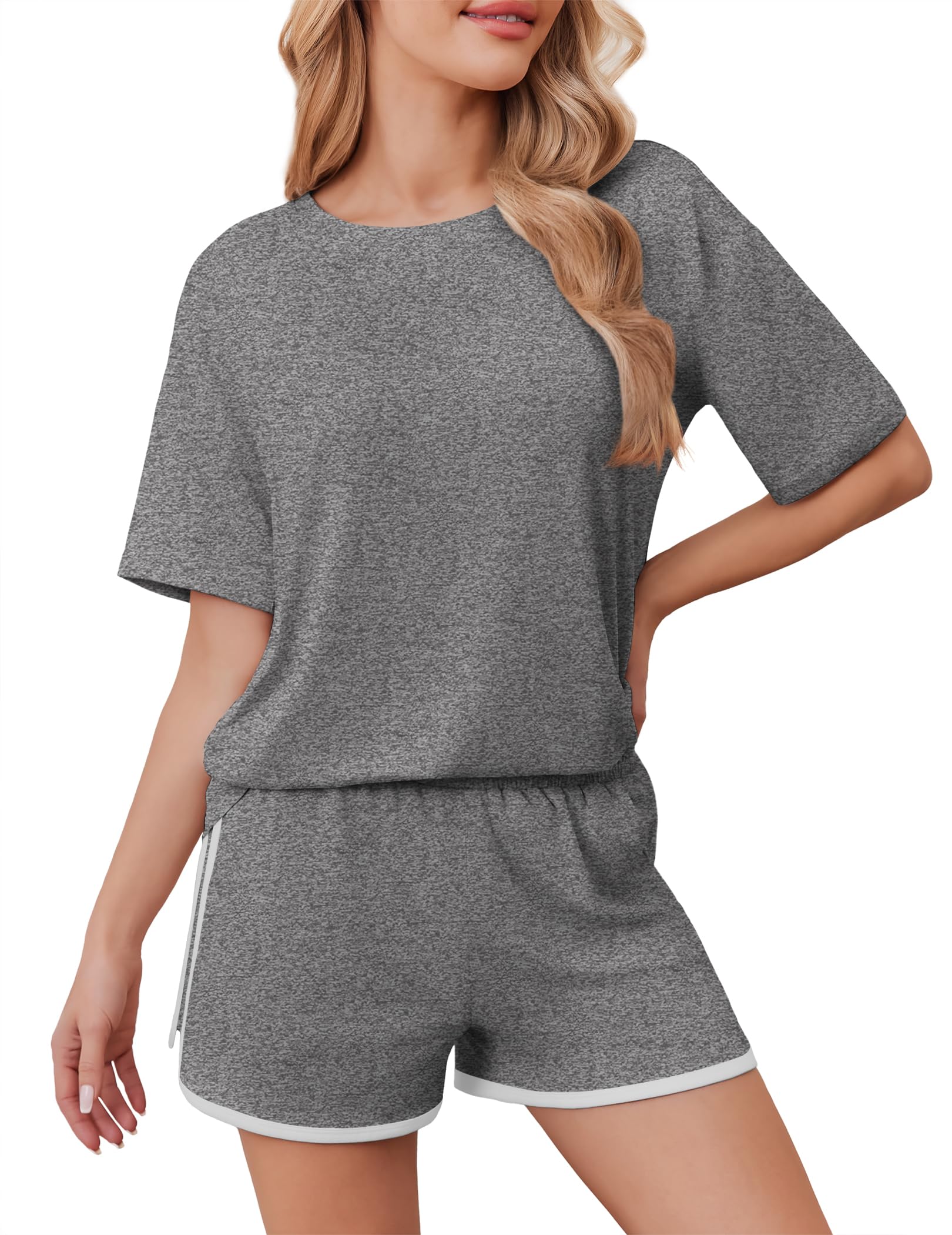 Ekouaer Soft Pajamas set for Women Loose Lounge Set Crew Neck T-Shirts Top and Sport Shorts Tracksuit with