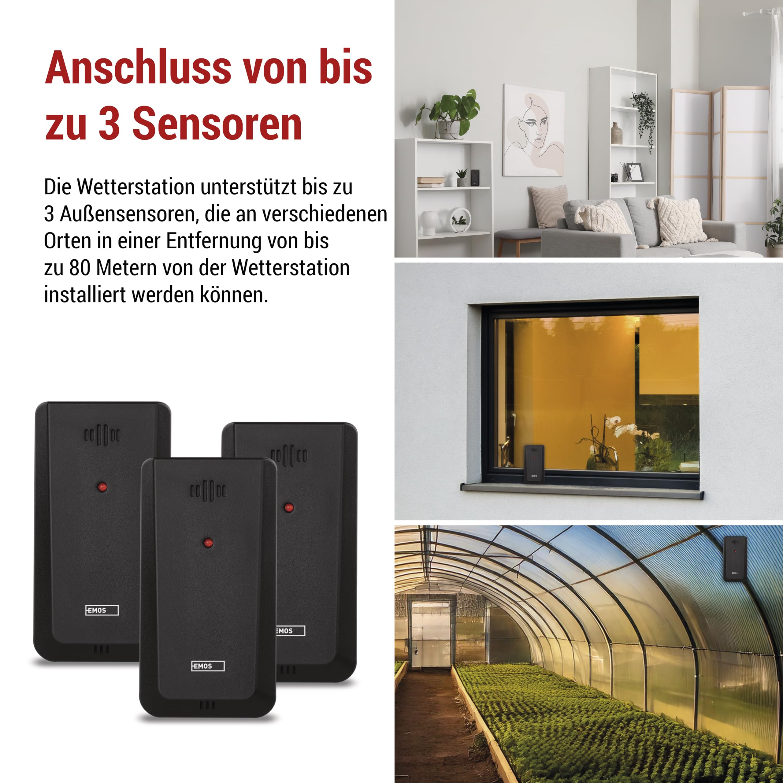 EMOS - rahmenlose Funk-Wetterstation mit Außensensor - Thermometer, Hygrometer, Barometer, Wettervorhersage, Memory - Funkuhr mit Wecker, Kalender - duale Stromversorgung (Netzteil/Batterie)