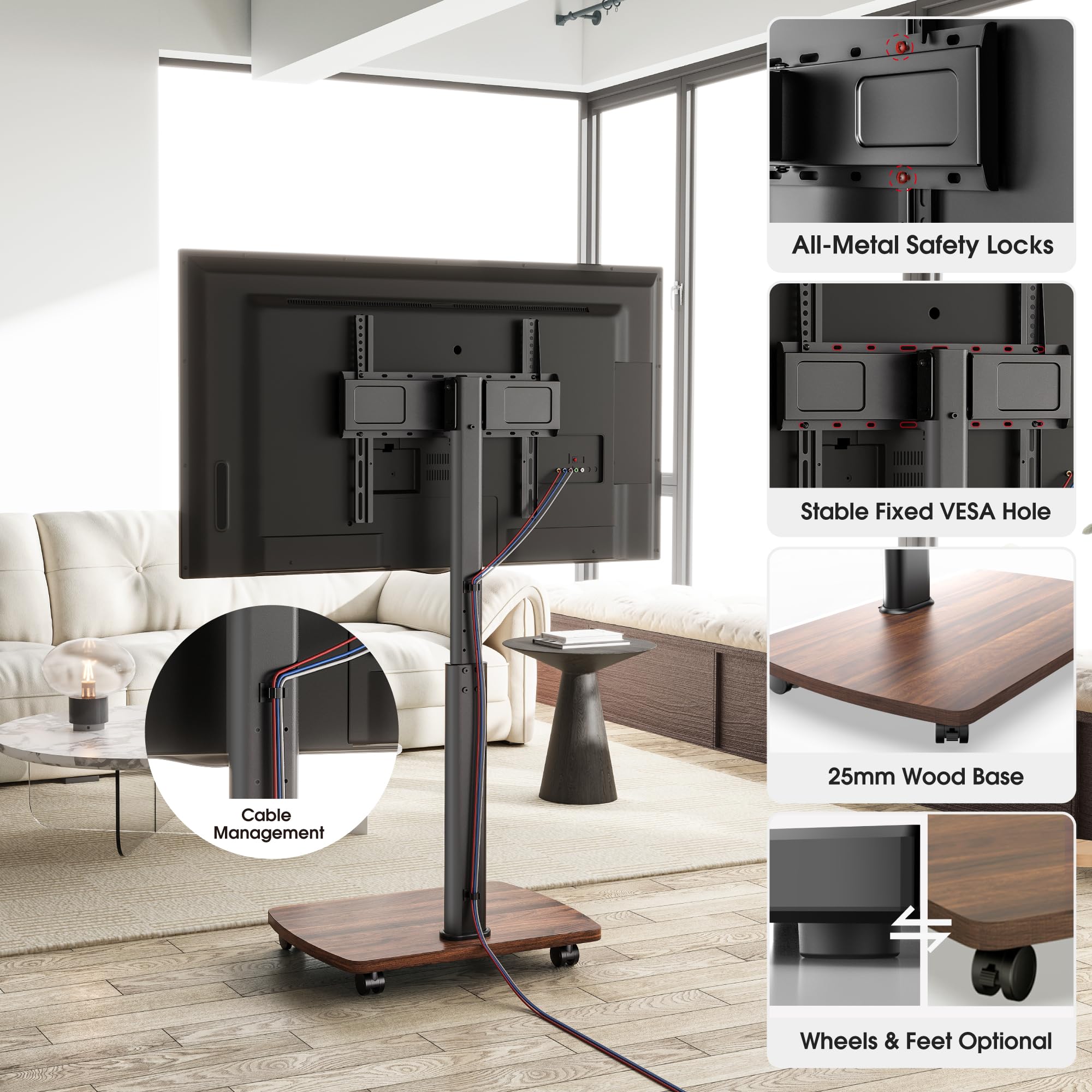 AOKCOS TV Standaard op Wielen voor 32-55 65 inch TV, Draaibaar