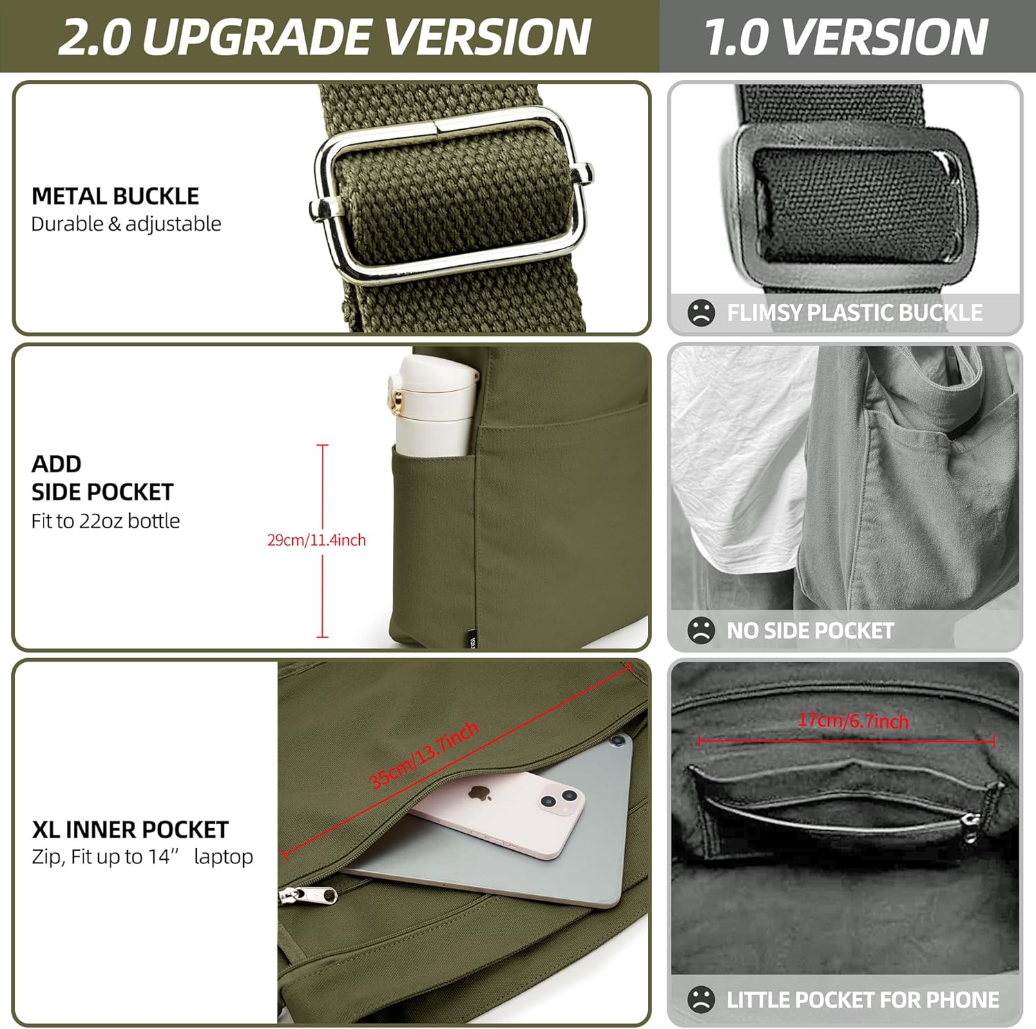 KALIDI Canvas Tote Bag Large Hobo Crossbody Shoulder Handbag Zipper Messenger Bag for Women or Men Casual College Work - Image 8