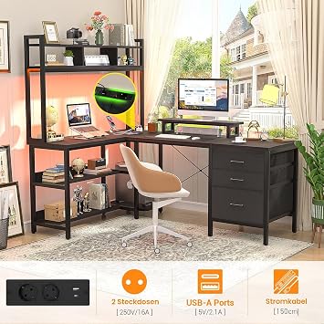 iSunirm L-Shaped Gaming Desk 150 x 150 cm Computer Desk with Shelves Gaming Table Corner Desk with File Drawer for Home and Office Black