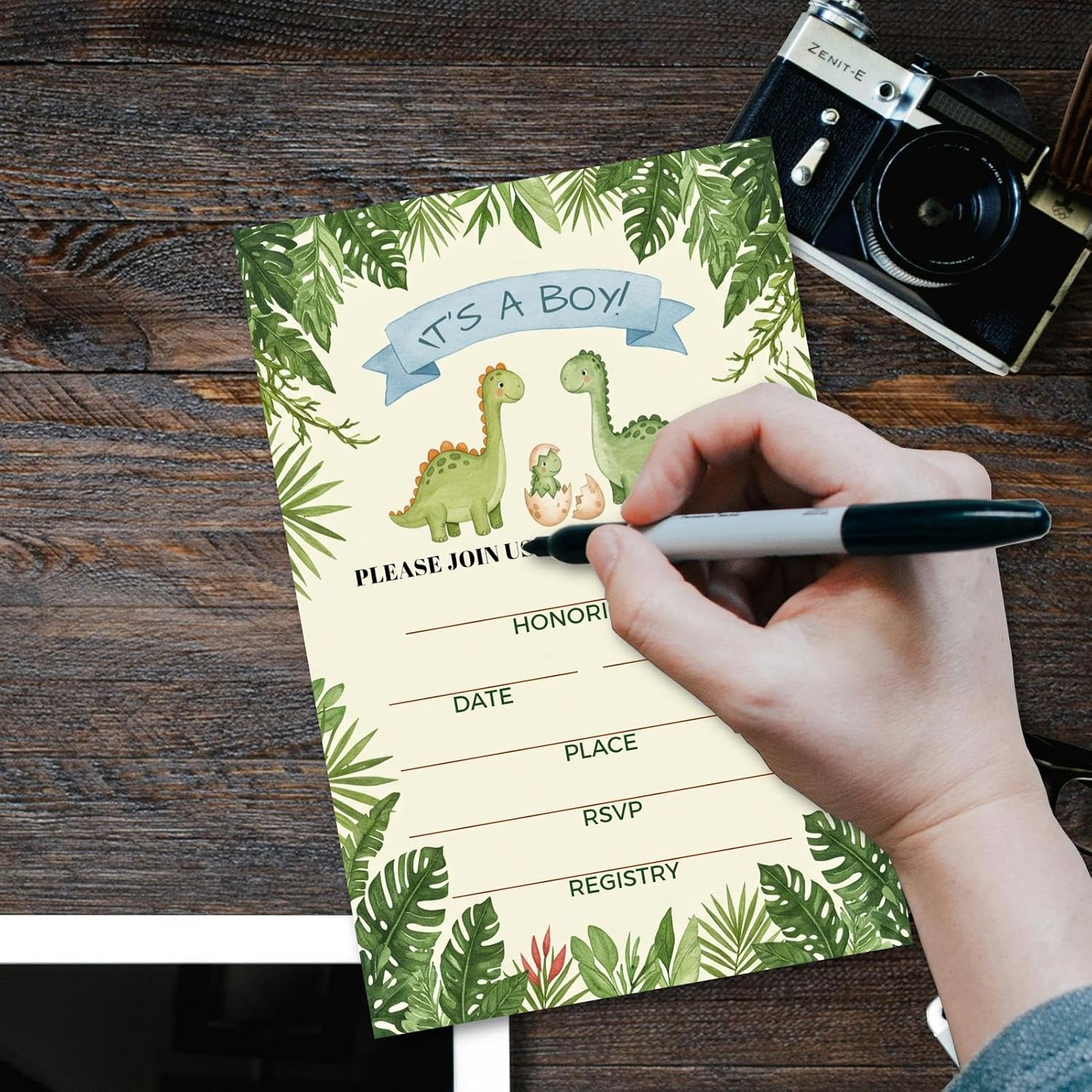 Dinosaur Baby Shower Invitations, Jungle Theme, Gender Reveal Invites with Envelopes for Boy, 25 Pcs 4x6 Inch, Green
