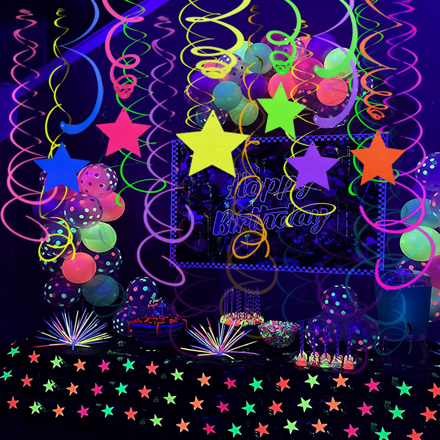 56 Stück Regenbogen hängende Wirbel Dekorationen Neon Swirl Luftschlangen UV Neon Girlande Deckendekorationen leuchten im Dunkeln Neon Partyzubehör und Dekorationen Schwarzlicht Party Kit für