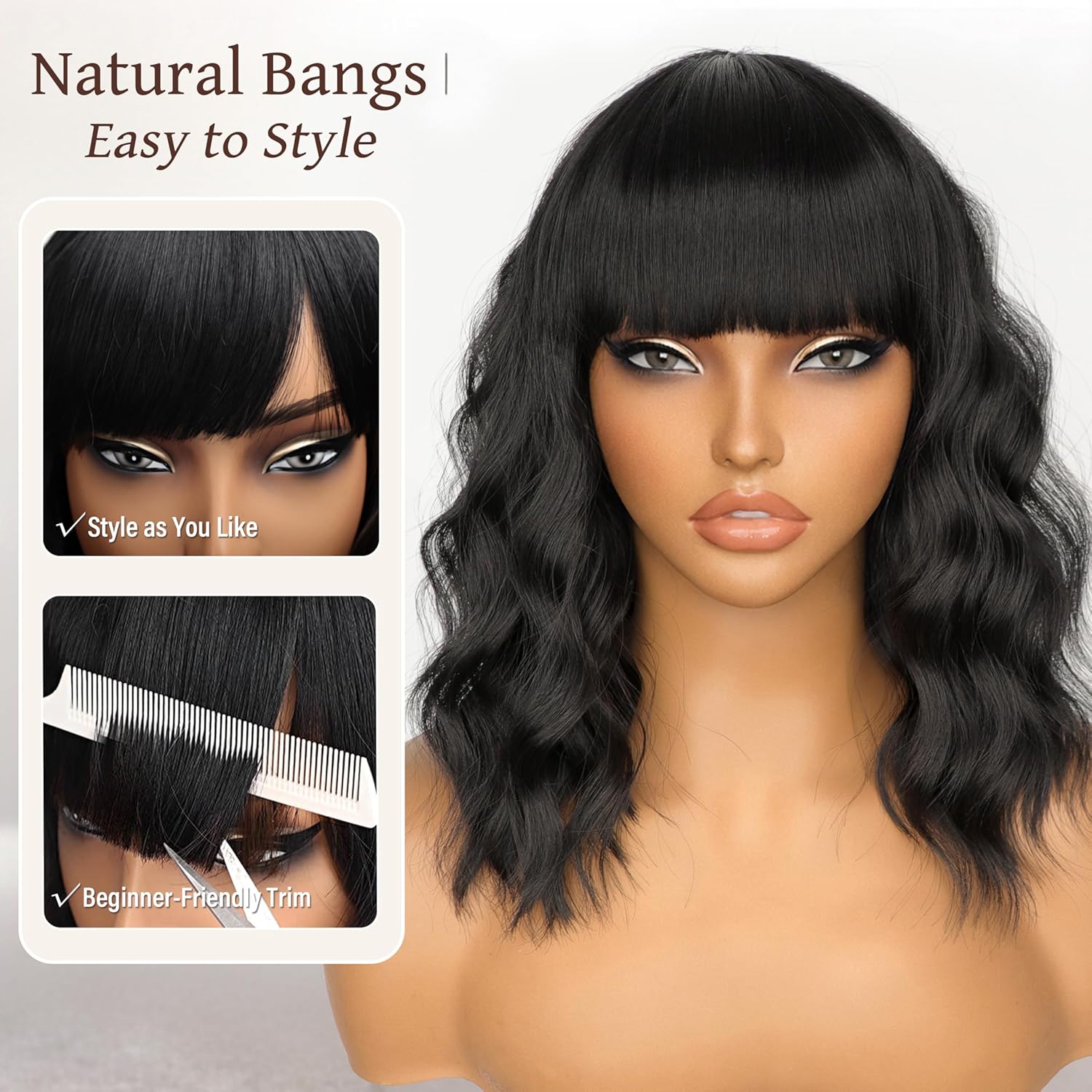 Nnzes Black Wavy Wigs with Bangs Women’s Short Black Bob Wig Synthetic Natural Looking Heat Resistant Fiber Hair - Image 2
