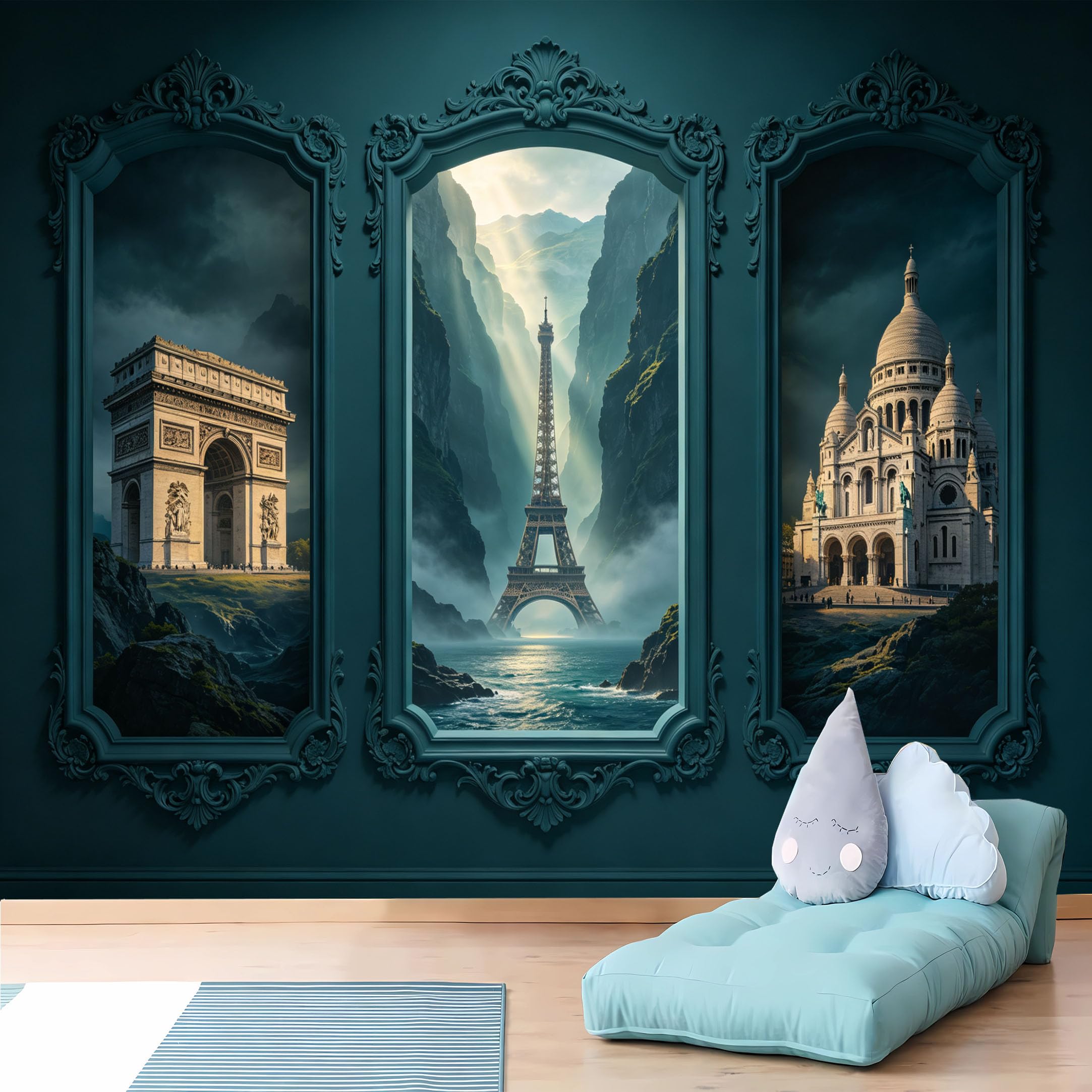 Custom Size Wall Murals 3D Ornate Niche with Paris Landmarks and Mountain View Full Wall Self-Adhesive Wall Fabric (NO PVC) Removable Wallpaper for Office