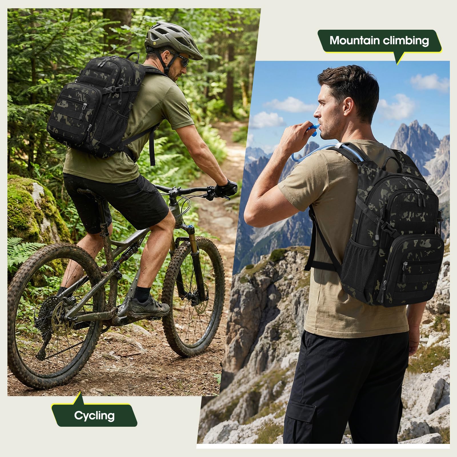RAINSMORE Mochila Hidratación 18L con Bolsa Agua 2L y Funda Impermeable | Mochila Senderismo Ligera, Bolsa 2L, Sistema Molle, Tejido 900D, Ideal para BicicletaMontaña y Running