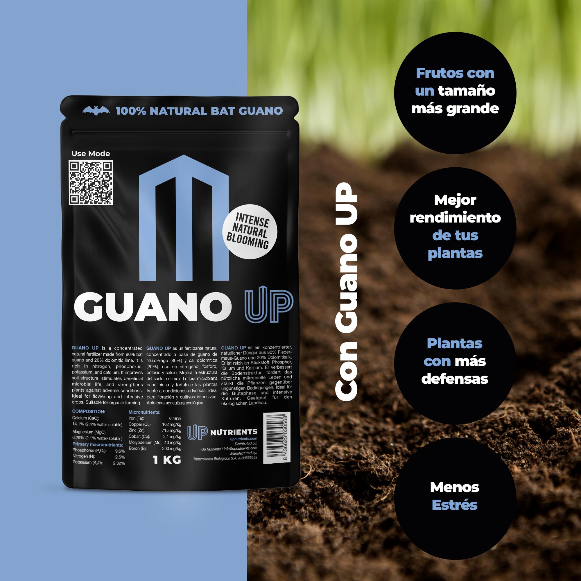 UP NUTRIENTS Fertilizante GUANO UP de Murcielago 100% Natural 1 Kg | Abono Natural con Cal Dolomita | Plantas y Cultivos | Agricultura Ecologica Floracion Intensa, Mejora Sustrato y Crecimiento