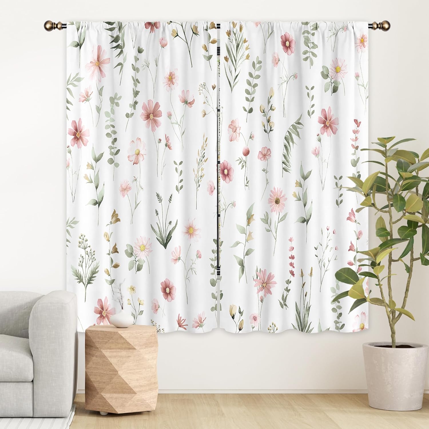LIGHTINHOME Boho Pink Floral Curtains 42Wx63H Inch Spring Wildflowers Farmhouse Blooming Flowers Nature Botanical Plants Rod Pocket Bedroom Living Room Window Drapes Treatment Fabric 2 Panels
