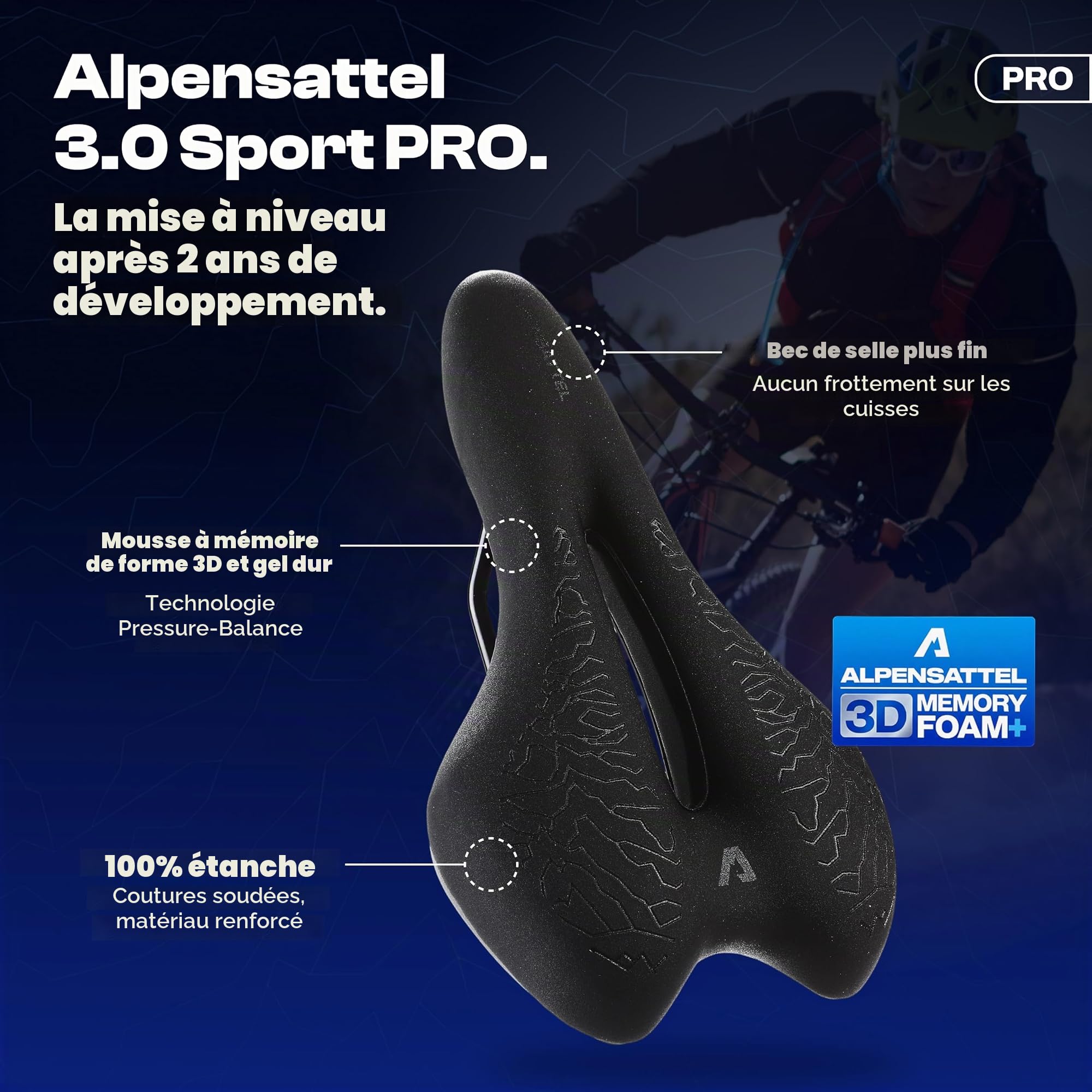 ALPENSATTEL® Selle de vélo ergonomique [mousse à mémoire de forme 3D] – Selle pour homme et femme – Matériau respirant pour une répartition idéale de la pression – Maintien de selle universel pour