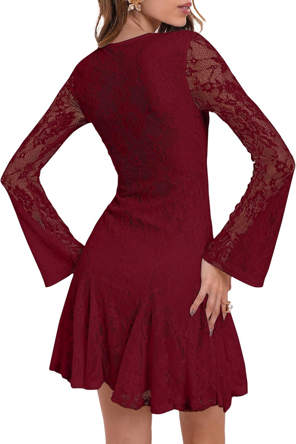 HYPERFIRE Women's Square Neck Floral Lace Mini Dress Flowy Short Dress Mesh Night Out Dresses Club Outfit - Image 2