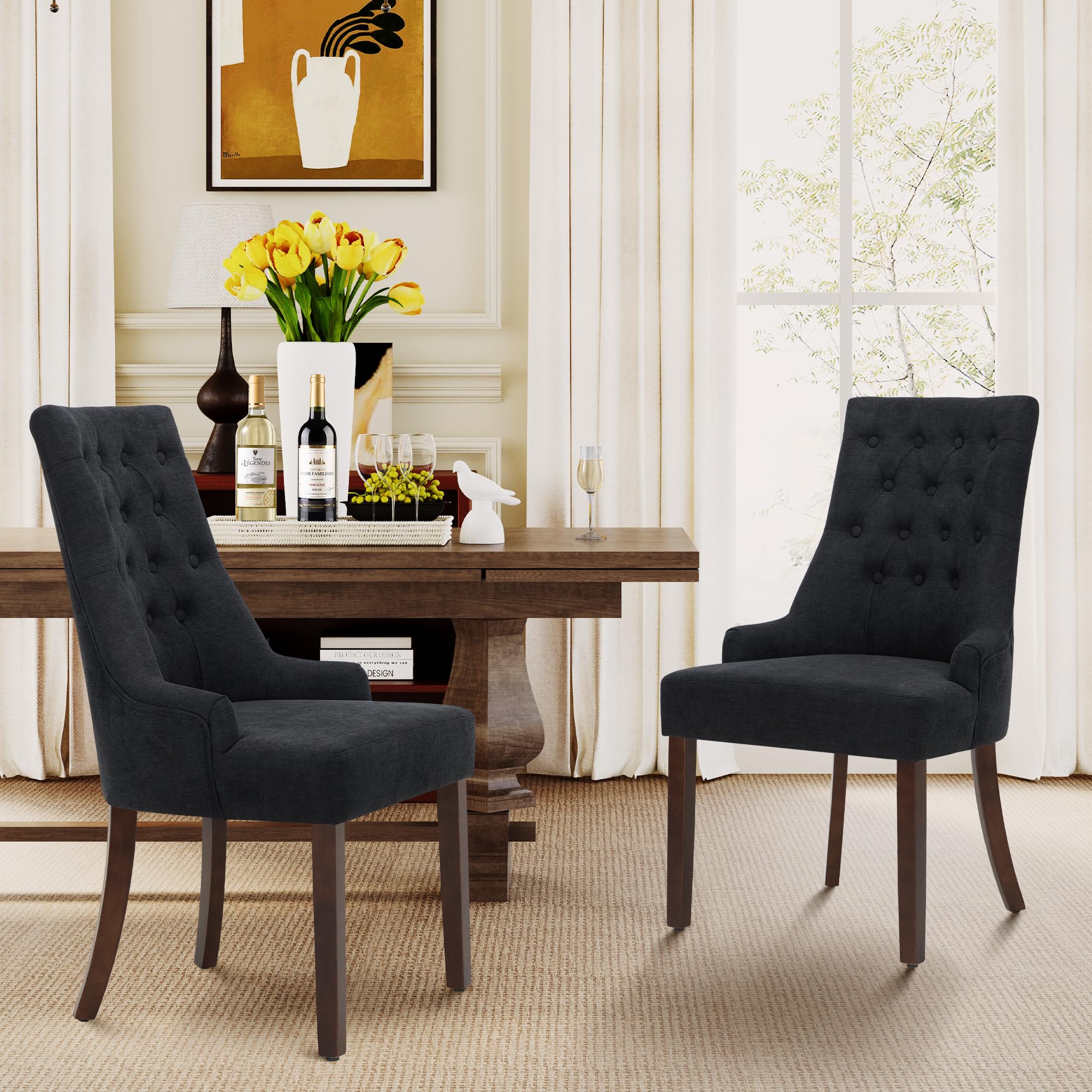 MALOL Upholstered Dining Chairs Set of 2, Wingback Dining Room Chairs with Tufted Button, High Back Kitchen Chairs with Solid Wood Legs, Thick Seat Cushion, Anti-Slip Pads, Black