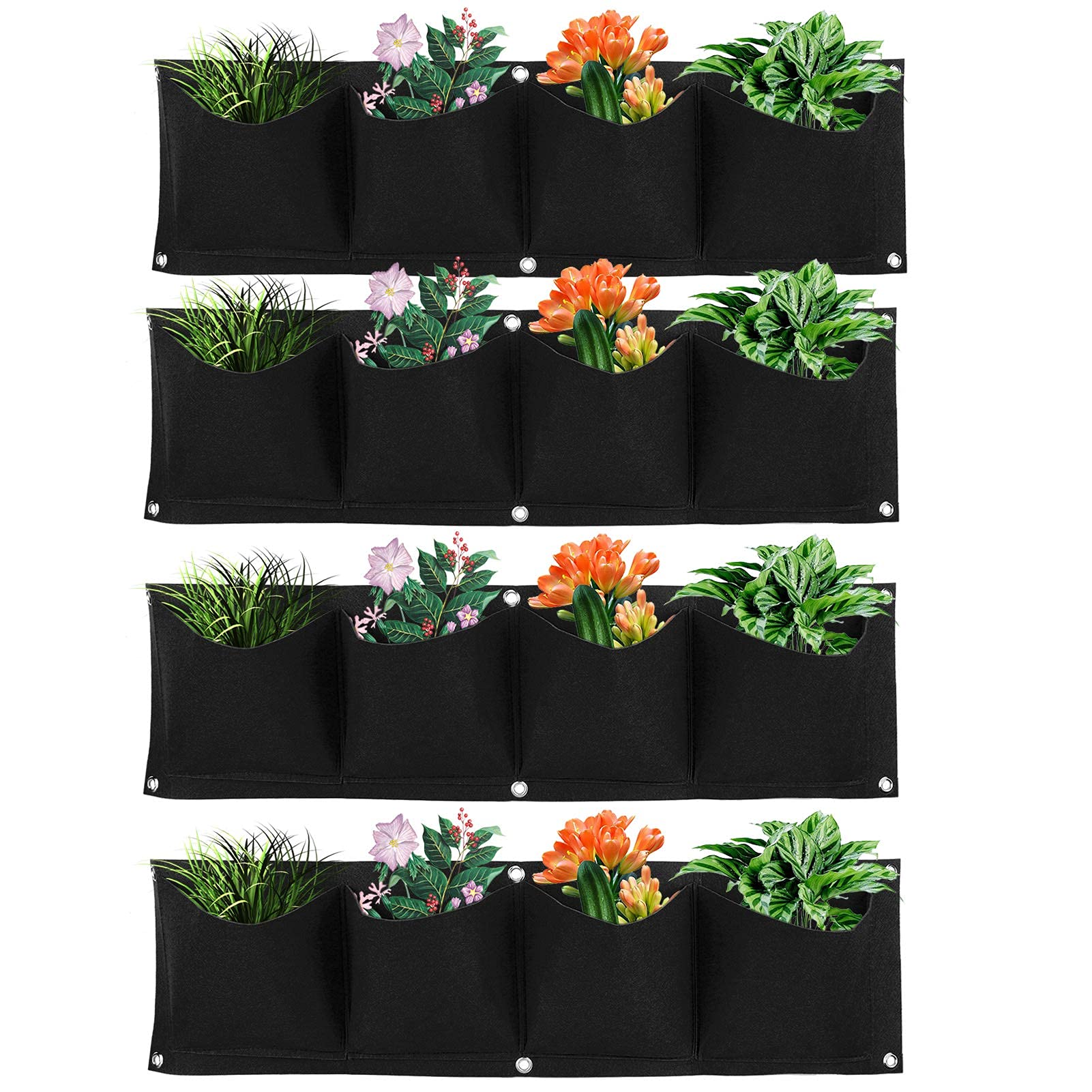 Atyhao Outdoor Hanging Vertical Wall Planter, 4 Pieces, 4 Pockets, Plant Growing Bag, Wall Mounted, Reusable, Degradable Felt, Garden Planter (Black)