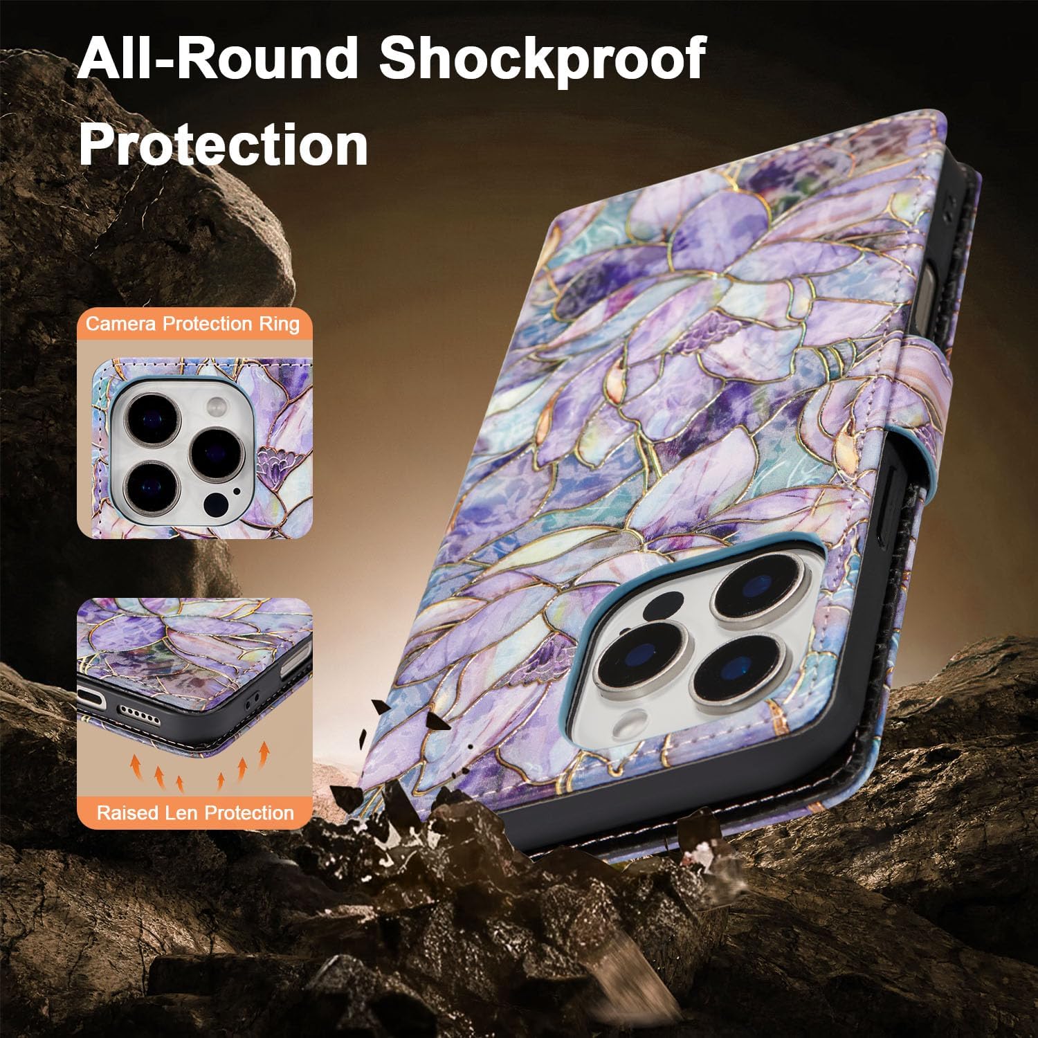 QLTYPRI for iPhone 16 Wallet Case, Premium Leather Magnetic UV-Printed Artwork Flip Case with RFID Blocking Card Slots Kickstand Protective Phone Cover for Women Girls - Purple Lotus - Image 5