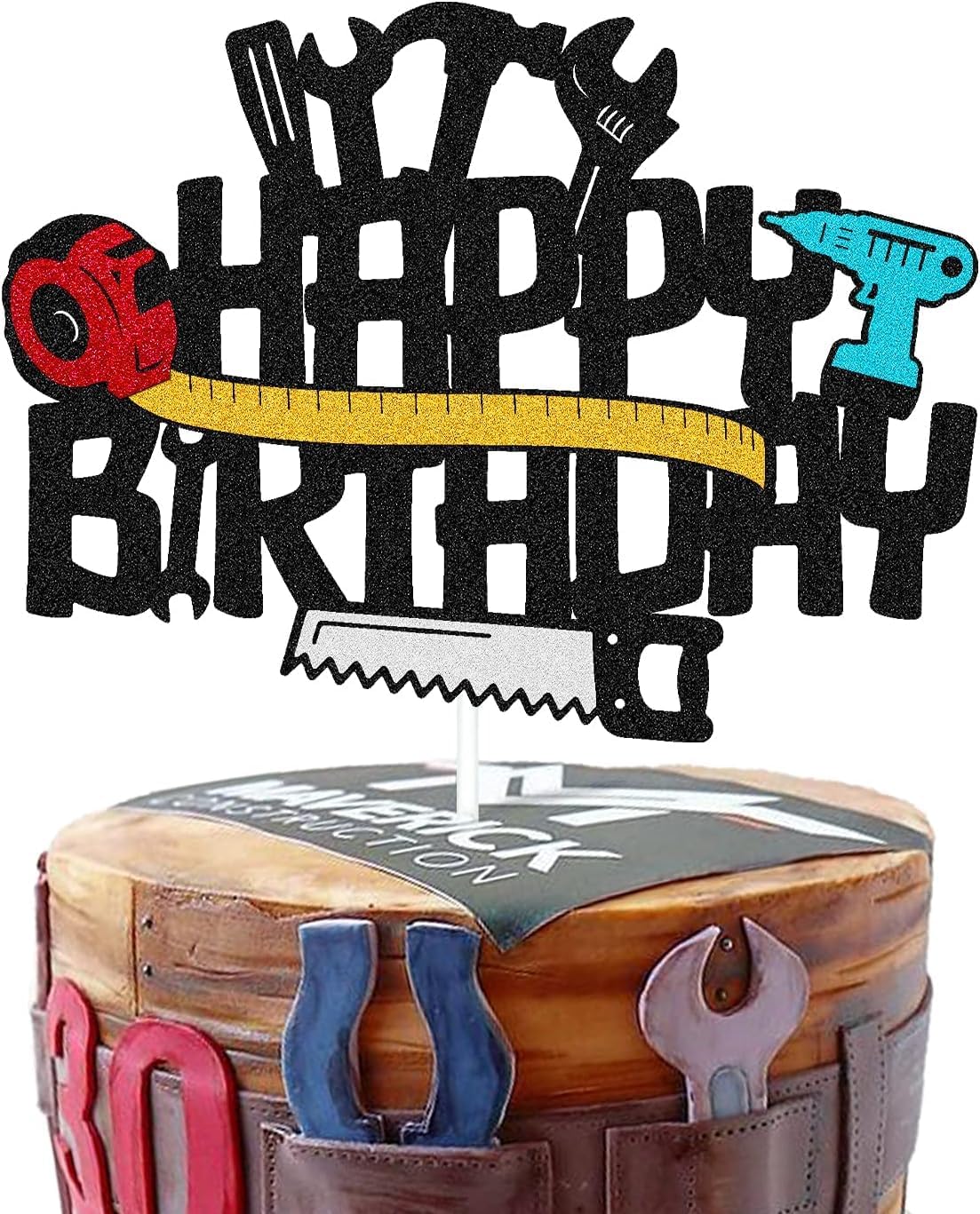 Confetti! Tools Cake Topper - Toolbox, Wrench, Hammer, Drill, Plier, Handsaw, Tape Measure, Screwdrivers Themed for Happy Birthday Party Cake Decoration – Perfect for Tool and Construction Themed