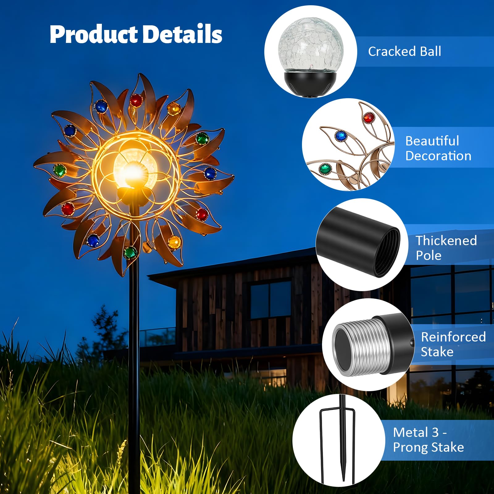 Solar Windrad Garten Metall mit Farbwechsel LED - Großes Windspiel Garten 190cm, Wetterfestes Windspiel Metall mit Federblättern & Kupfer-Optik, Windmühle für Außen Terrasse Balkon