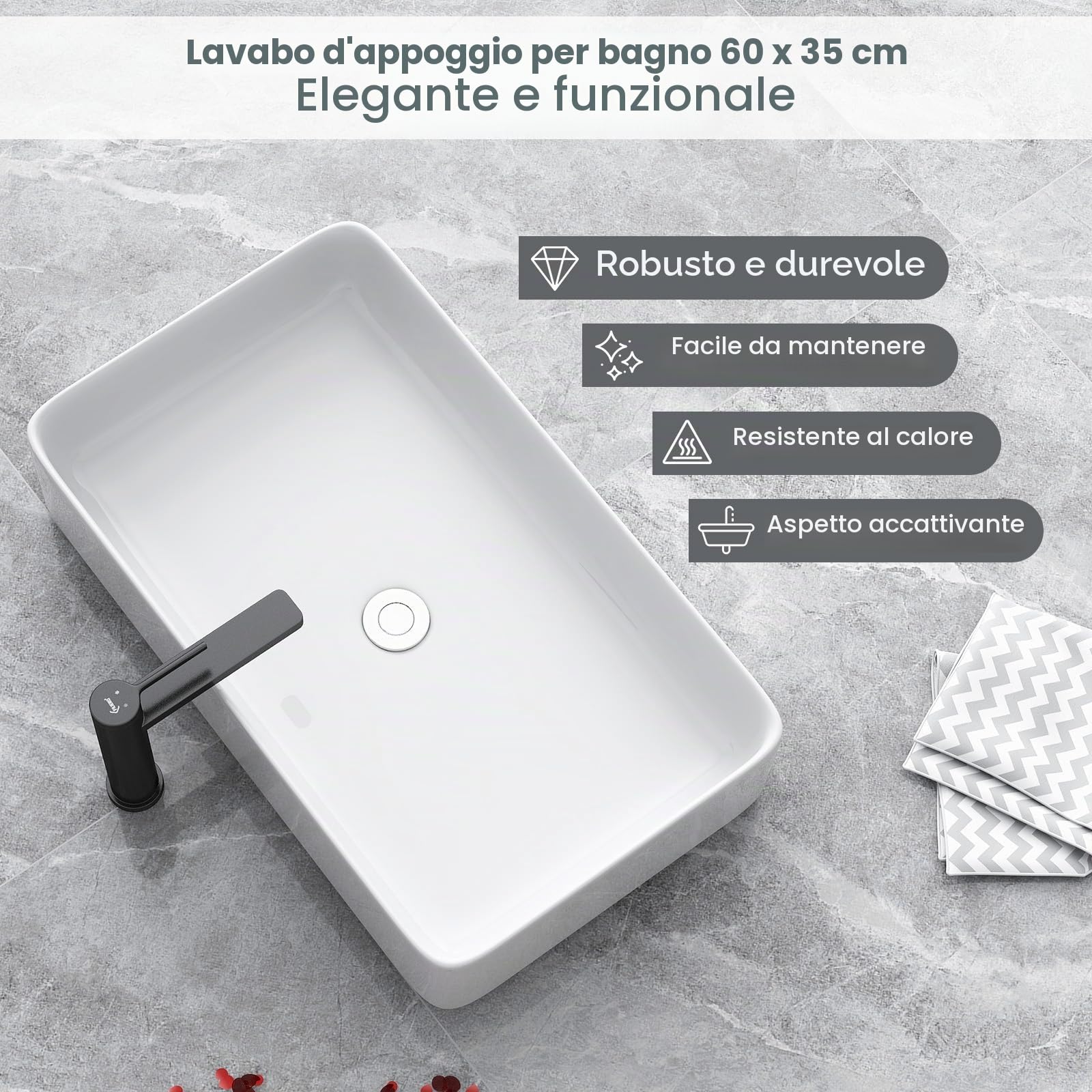 GIANTEX Lavabo da Appoggio Angolare in Ceramica | Mobile Lavabo Bagno con Scarico Pop-up, per Bagno e WC Degli Ospiti, 60x35x11cm