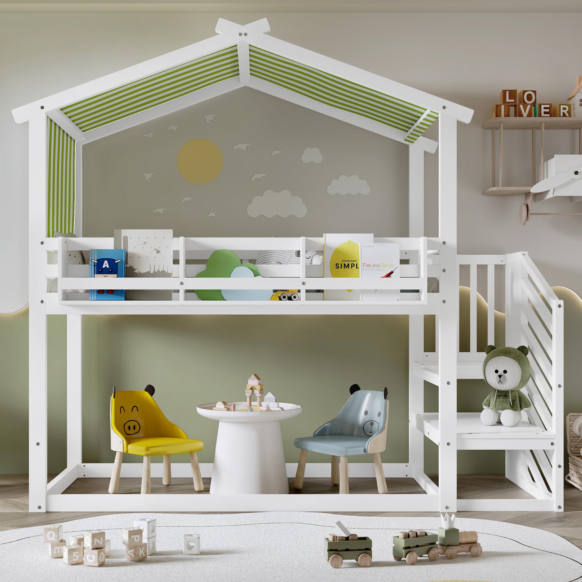 Ball & Cast Kids Single Bed Frame Children's High Sleeper Bed with Corner Staircase&Under-bed storage space,with White-Green striped Canopy,small Bookshelf,Sturdy Safety Guardrail, White/90x190cm