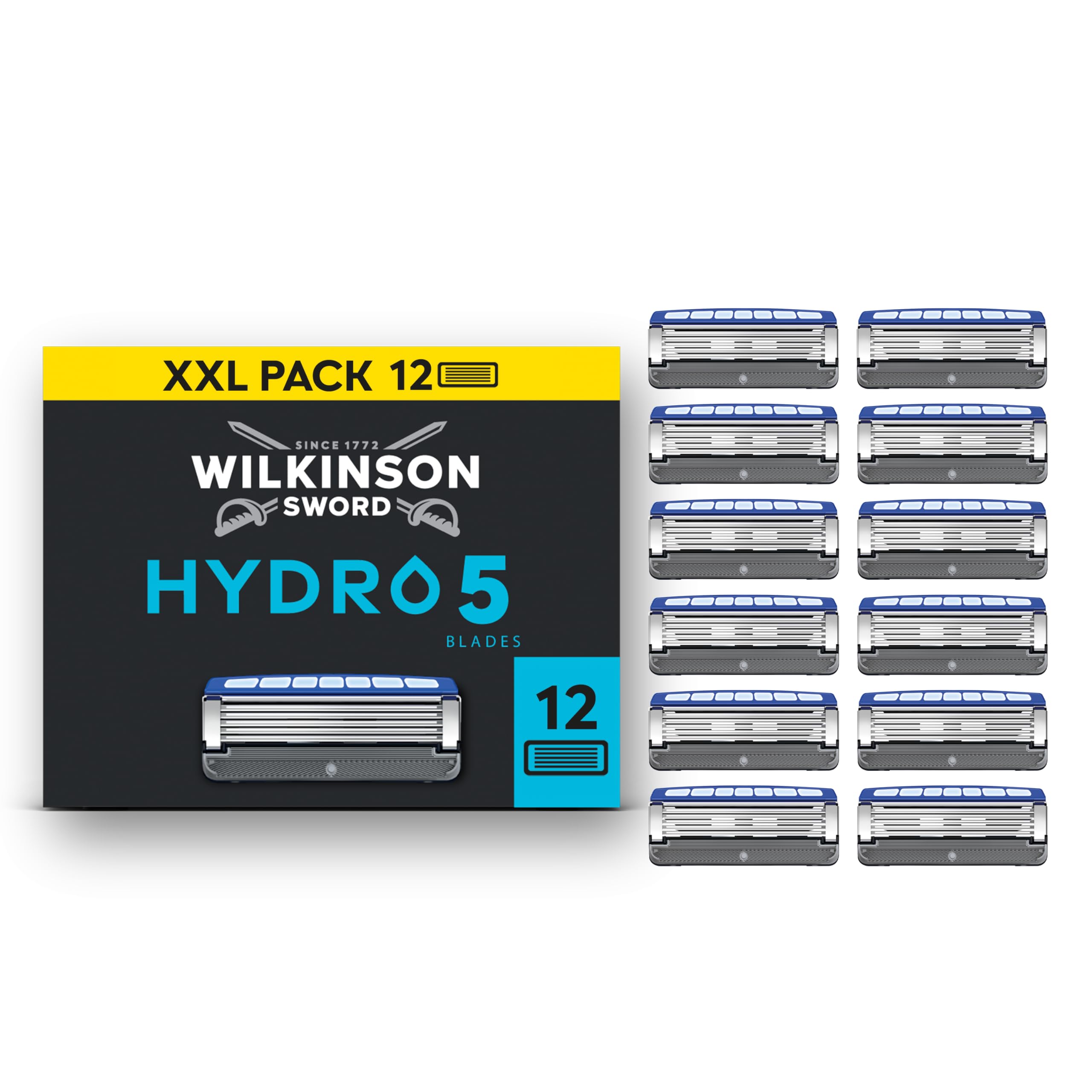 Wilkinson Sword Hydro 5 - Juego de cuchillas de recambio XXL de 12 recambios, acción hidratante y con revestimiento de carbono