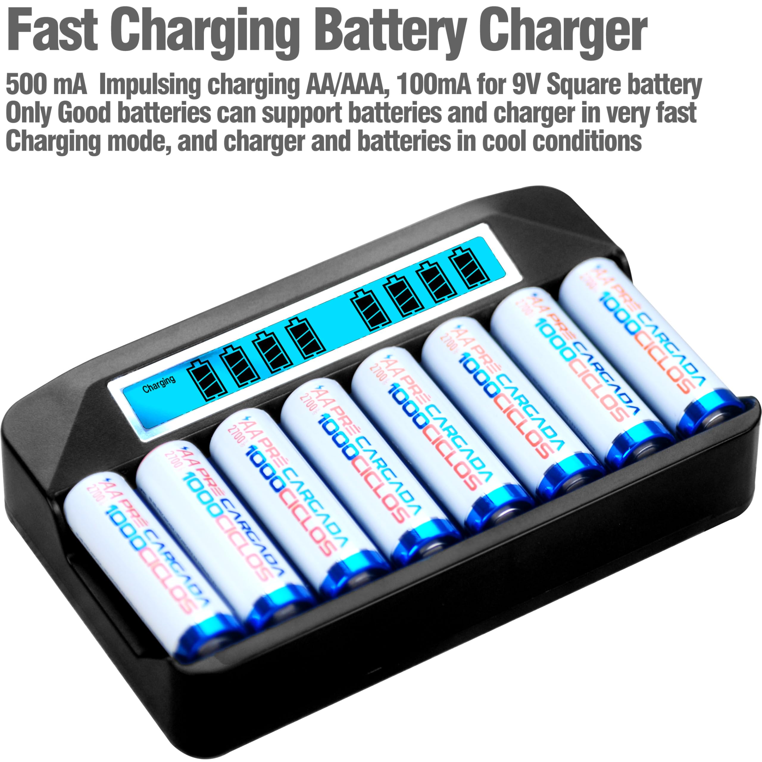 Chargeur de batterie AA AAA 9 V NiMH, 9 emplacements, chargeur rapide indépendant de 500 mA, charge par impulsion de 500 mA, écran LCD large, entrée USB-C 5 V (1 chargeur + 4 AA + 4 AAA + 1 x 9 V)