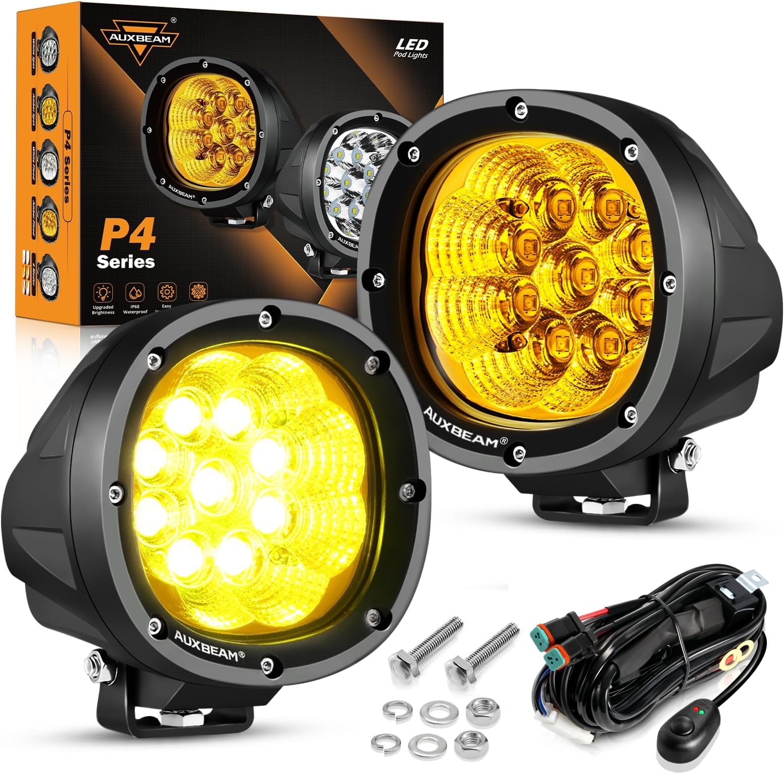 4 Inch Amber Round LED Driving Light, 2PCS 90W 9000LM Yellow Fog Pods Light Bar Off-Road Flood Work Energy-Efficient Lights with DT Plug Wiring Harness Kit for Truck Jeep Pickup ATV UTV SUV