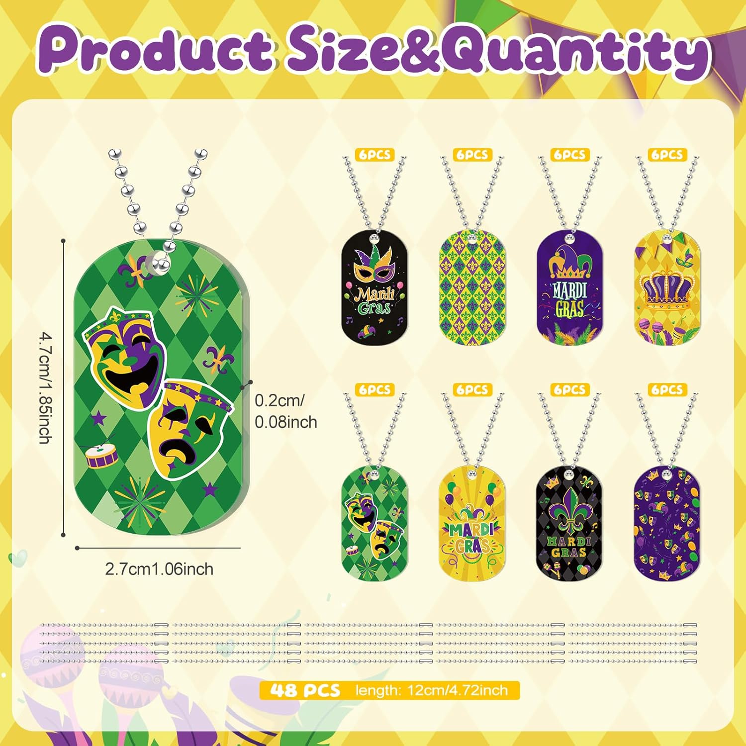 Cinrobiye 48Pcs Mardi Gras Dog Tag Necklaces Carnival Purple Green Yellow Dog Tag Beads Necklaces for Student Reward Gifts Mardi Gras parades Jewelry Costume Masquerade Birthday Party Decor Supplies - Image 2