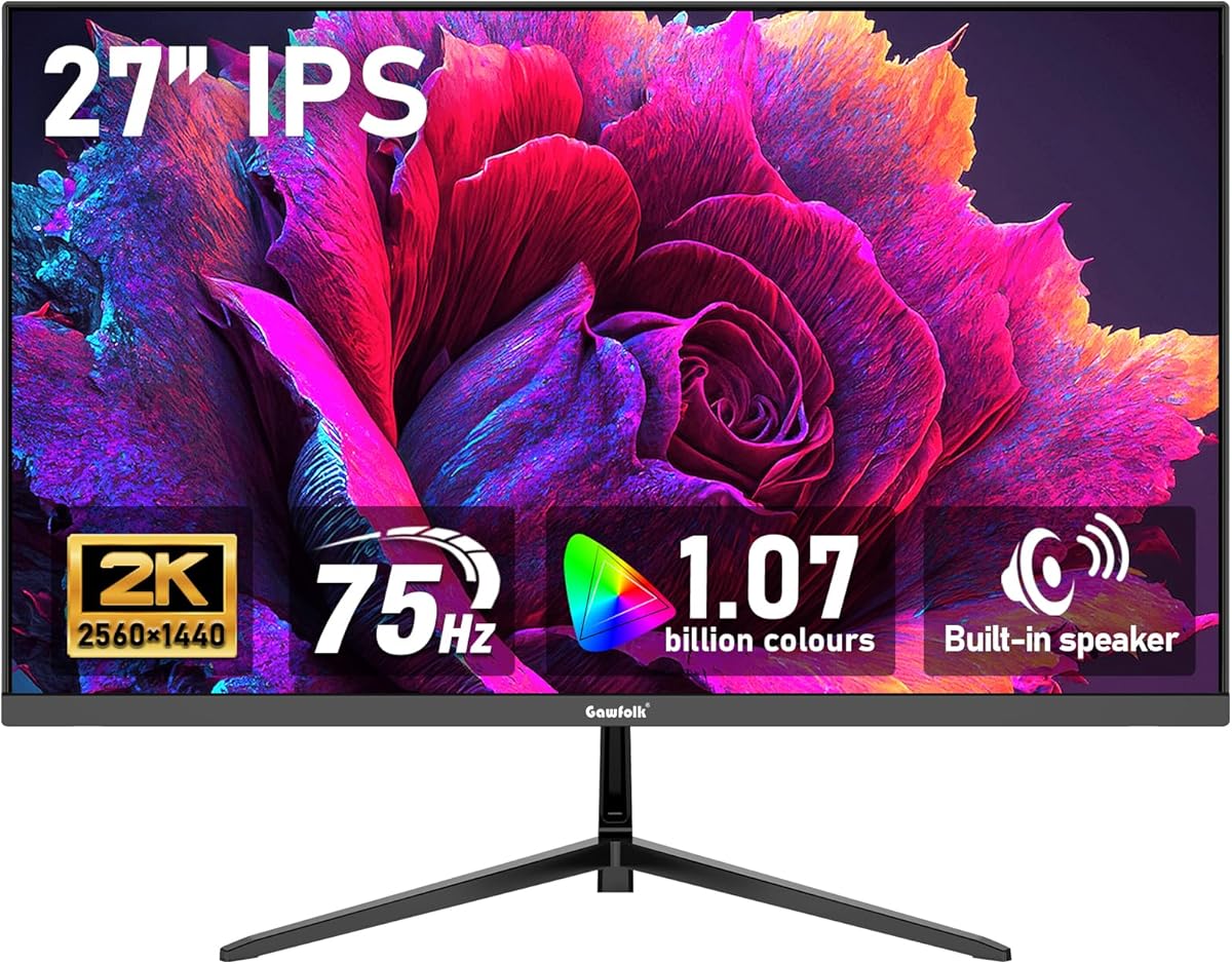 Gawfolk 27 inch IPS 2K QHD (2560×1440) Computer Monitor 75Hz Gaming PC Screen, 1ms，Adaptive Sync,100% sRGB, 1.07 Billion Colours,Built-in Speaker，Display 1.4、Port HDMI2.0, Black