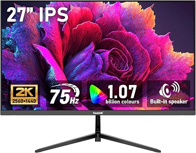 Gawfolk 27 inch IPS 2K QHD (2560×1440) Computer Monitor 75Hz Gaming PC Screen, 1ms,Adaptive Sync,100% sRGB, 1.07 Billion Colours,Built-in Speaker,Display 1.4、Port HDMI2.0, Black