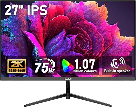 Gawfolk 27 inch IPS 2K QHD 25601440 Computer Monitor 75Hz Gaming PC Screen, 1ms,Adaptive Sync,100% sRGB, 1.07 Billion Colours,Built-in Speaker,Display 1.4Port HDMI2.0, Black