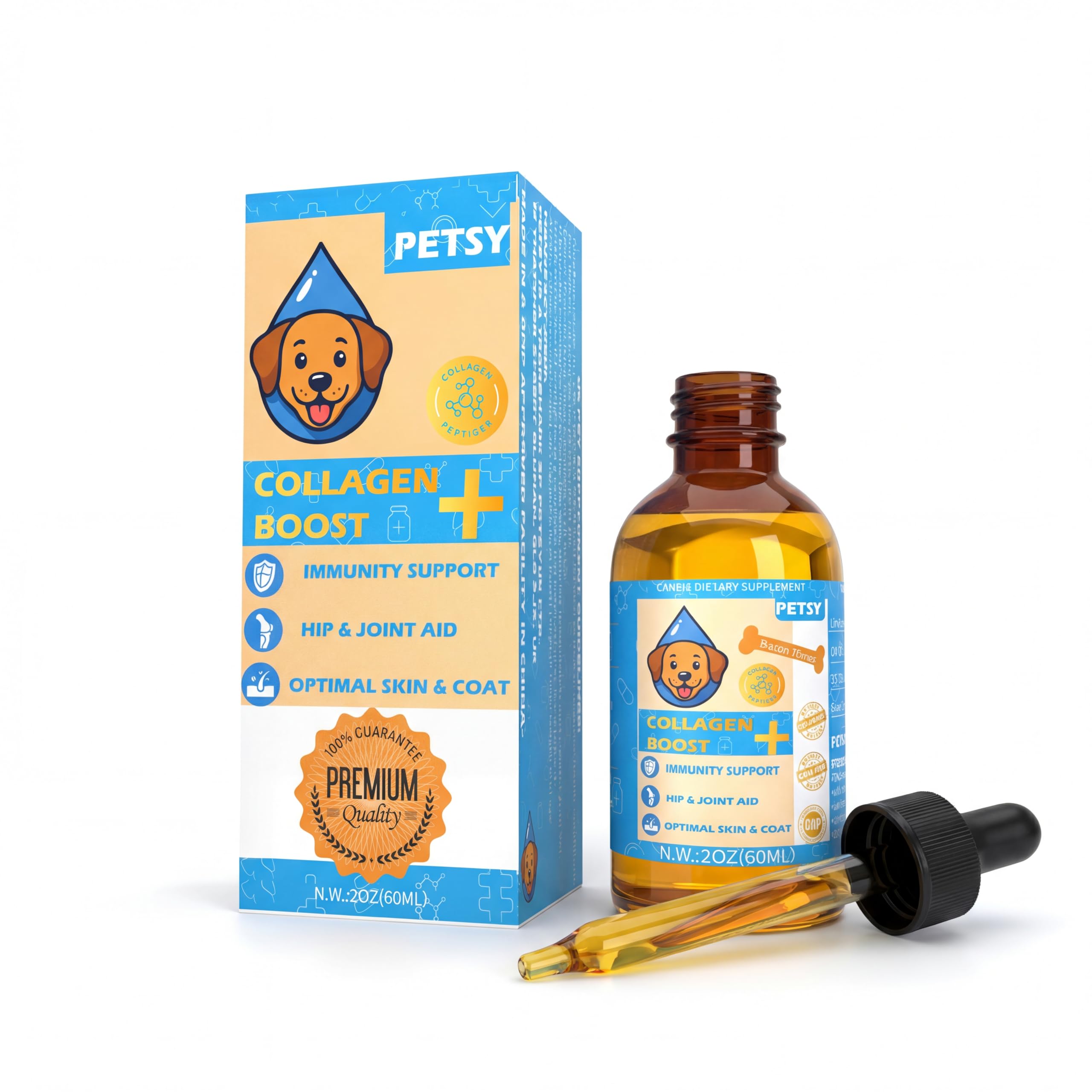 PETSY Collagen Boost Dog Supplement, EASY DROPS, Bacon Flavour, with Glucosamine and Probiotics for Joint, Skin and Digestive Health, for Dogs 8+ Weeks