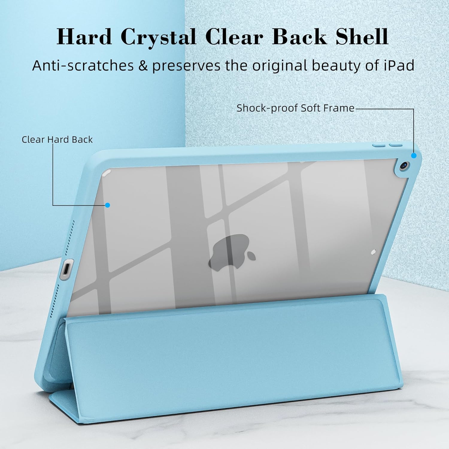 Idocolors Cute Butterfly Case for iPad Pro(2018/2020/2021/2022) 12.9 ", Clear Hard Back Cover with Pencil Holder, Tri-fold Stand Full Wrap Protective Case for Women Girls, Butterfly/Blue