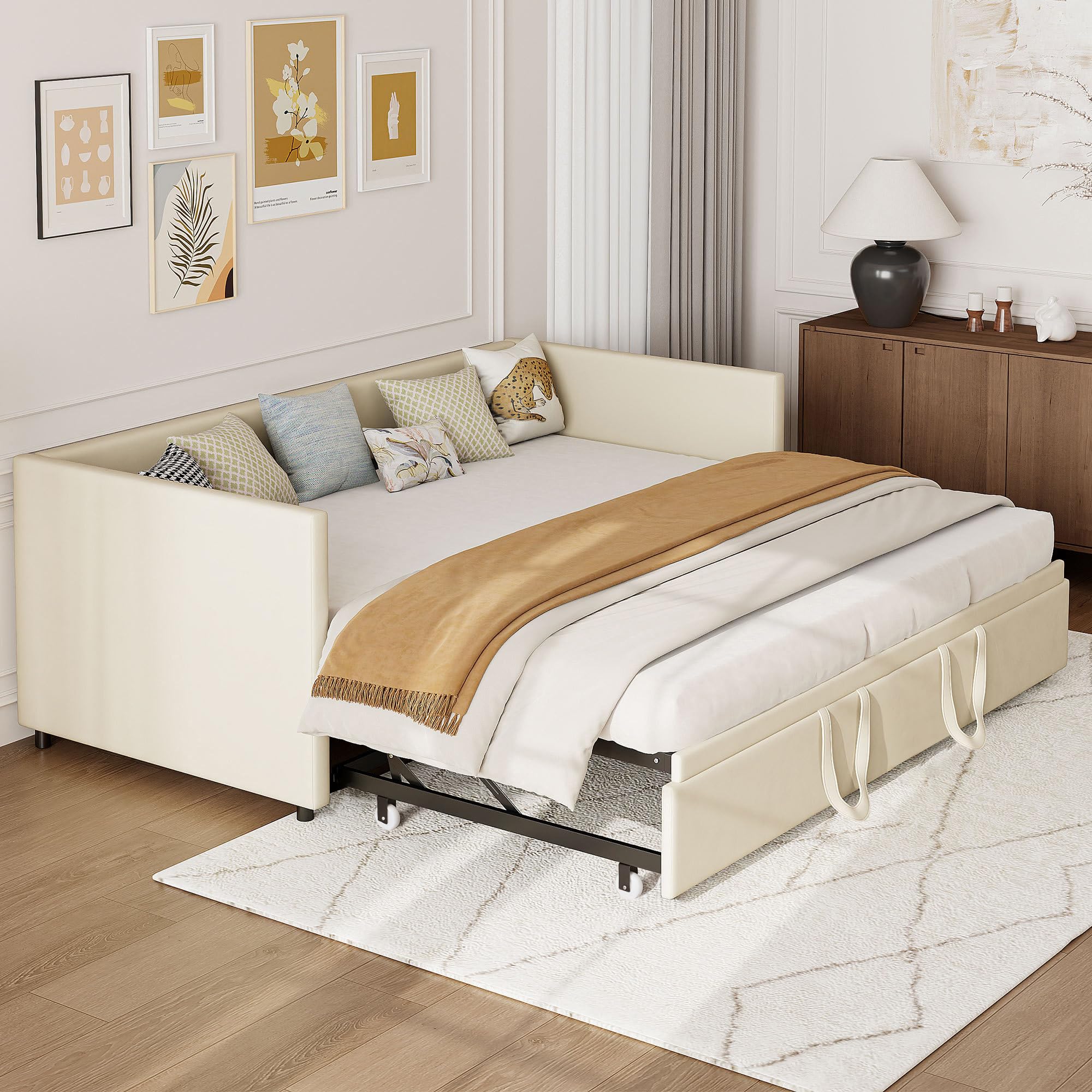 Letto Divano Matrimoniale 180 X 200 per Divano Letto Singolo con Letto Estraibile, DivanoLetto Singolo con Secondo LettoEstraibile Sofa Bed, 90 X 200 cm, Facile da montare,Beige Velluto