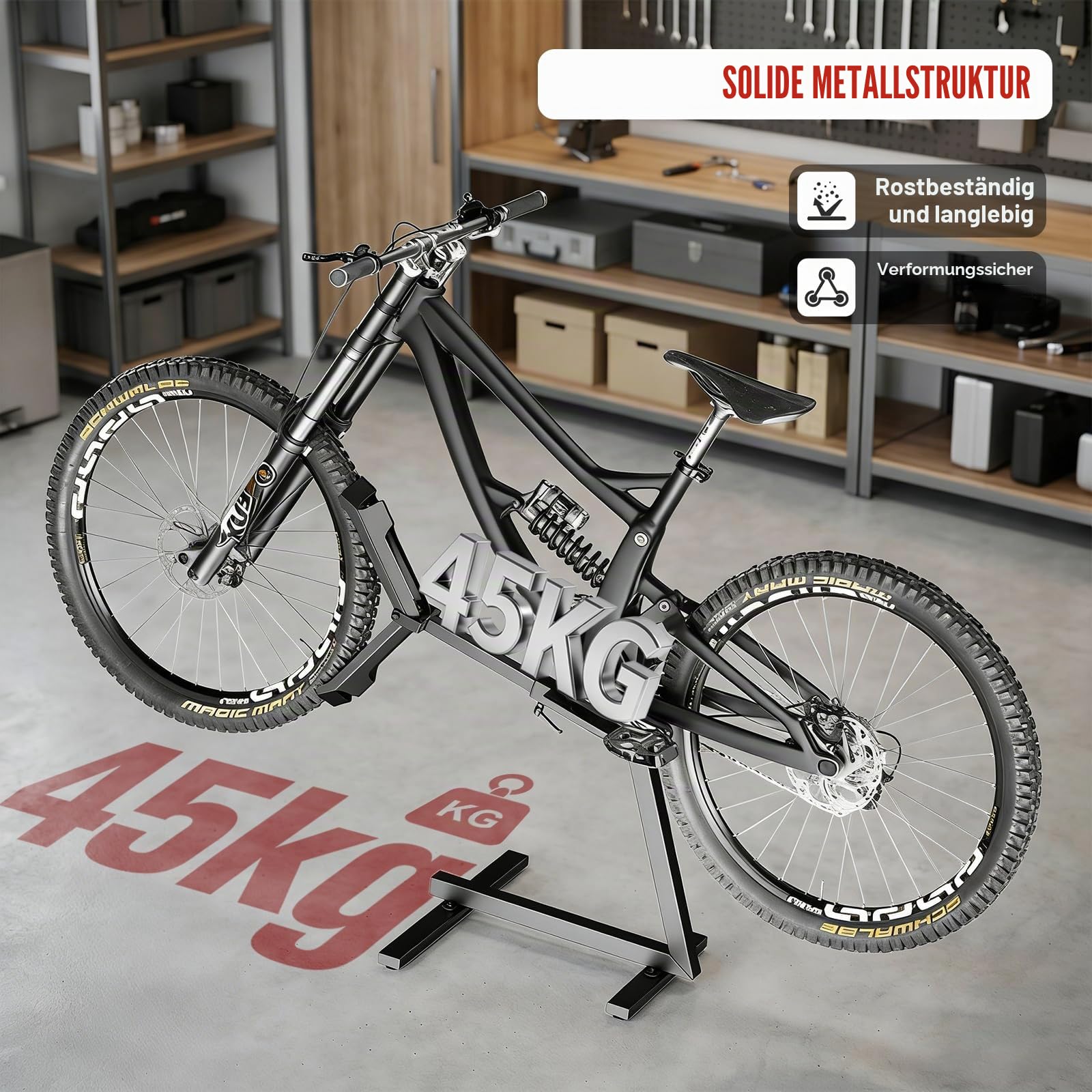 2 in 1 Fahrradständer für Reparatur und Lagerung, Profi Hinterradständer, Stabiler Standfuß für MTB und E-Bikes bis 45 kg, Metallkonstruktion mit Front Wheel Fixierung, Verstellbar für 27,5"-29" Räde