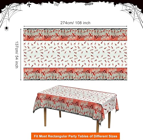 Miniatura 2 de PLULON Paquete de 3 manteles de Halloween de 54 x 108 pulgadas, diseño de huellas de manos color rojo zombi, mantel de plástico para decoración de
