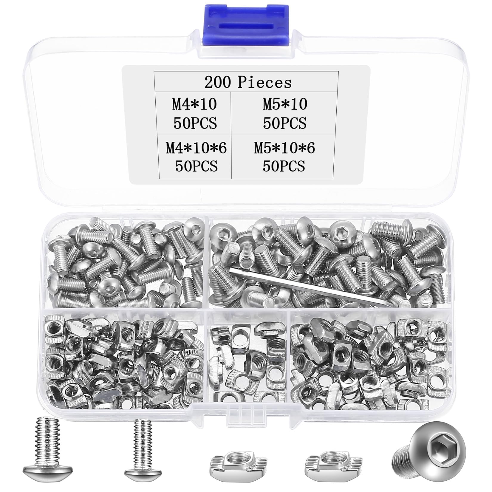 200 Pcs M4 M5 Bolts Set, Hex Socket Button Head Cap Screws Bolts and T Slot Nuts Set, Stainless Steel Machine Screws with T Nuts Kit