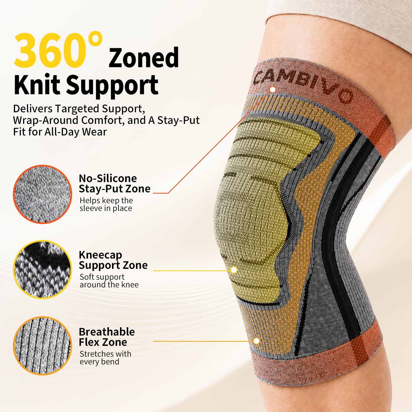 CAMBIVO Kniebandage Männer Damen 2 Stück, Komprimierte Bandage Knie, Knee Support mit Seitenstabilisatoren zur Linderung von Knieschmerzen, Arthrose Knie, Meniskus und Kraftsport