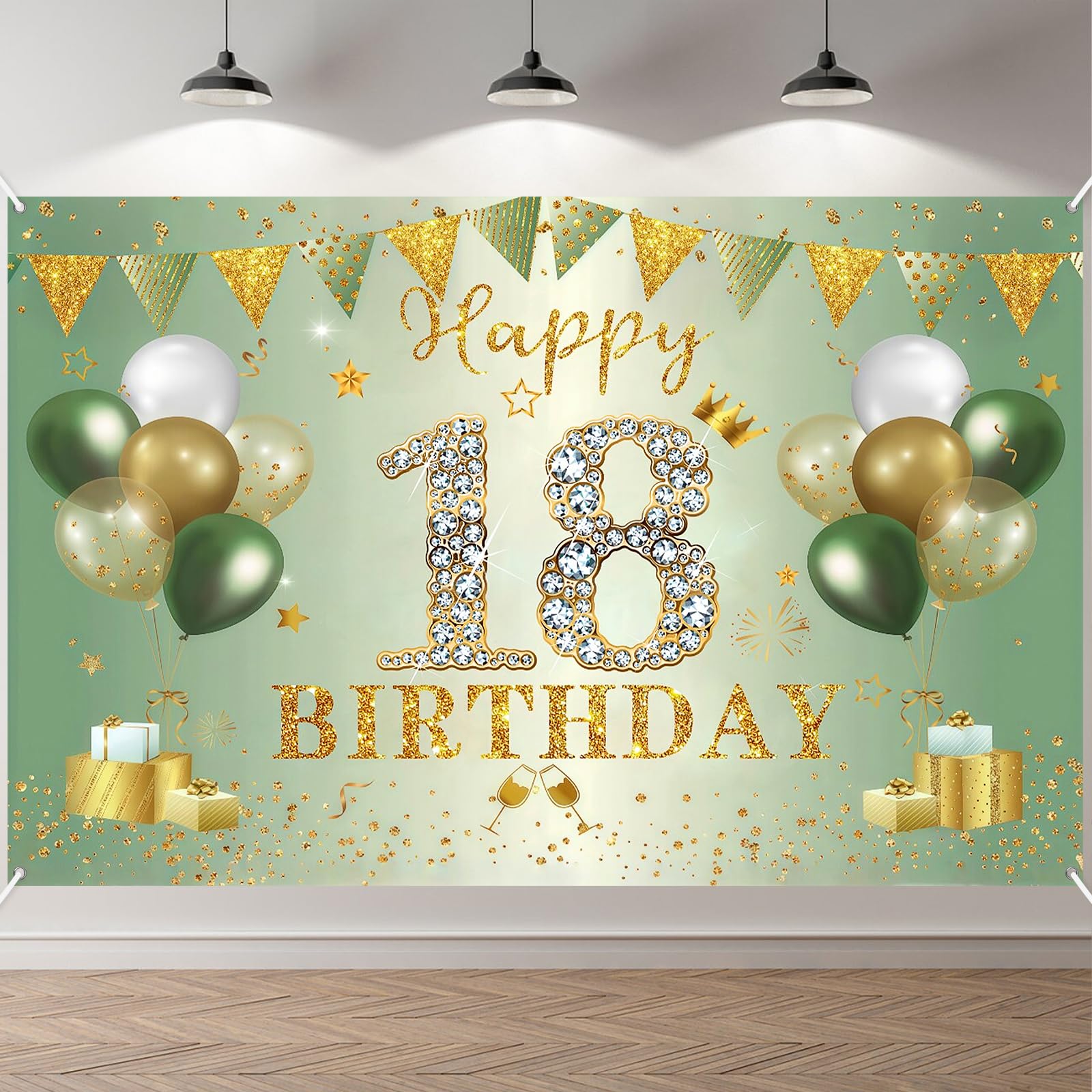 ANOMM 18th Happy Birthday Banner, Sage Green Birthday Decorations Backgdrop Banner, Sign Poster Photo Background Fabric Banners, Extra Large Party Photo Booth Backgroud for Indoor Outdoor(210x150 cm)
