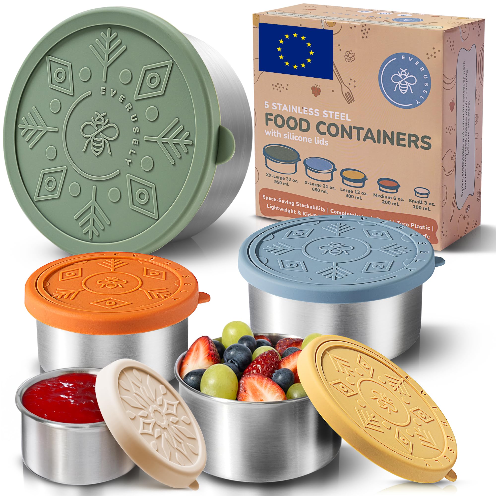 Everusely - Porta pranzo in acciaio inox con coperchi ermetici - Set da 5, collezione Muted - Porta pranzo ermetico - Contenitori per alimenti impilabili