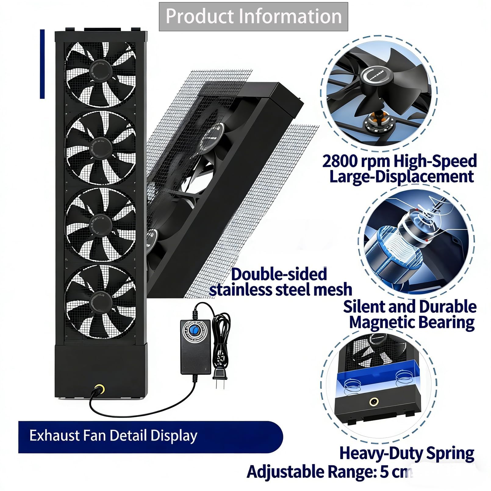 Extractor de aire vertical retráctil para ventanas corredizas: no requiere perforación, impermeable, velocidad variable, para dormitorios, espacios con humo, áreas calientes, 86-98cm/33.86-38.58inch