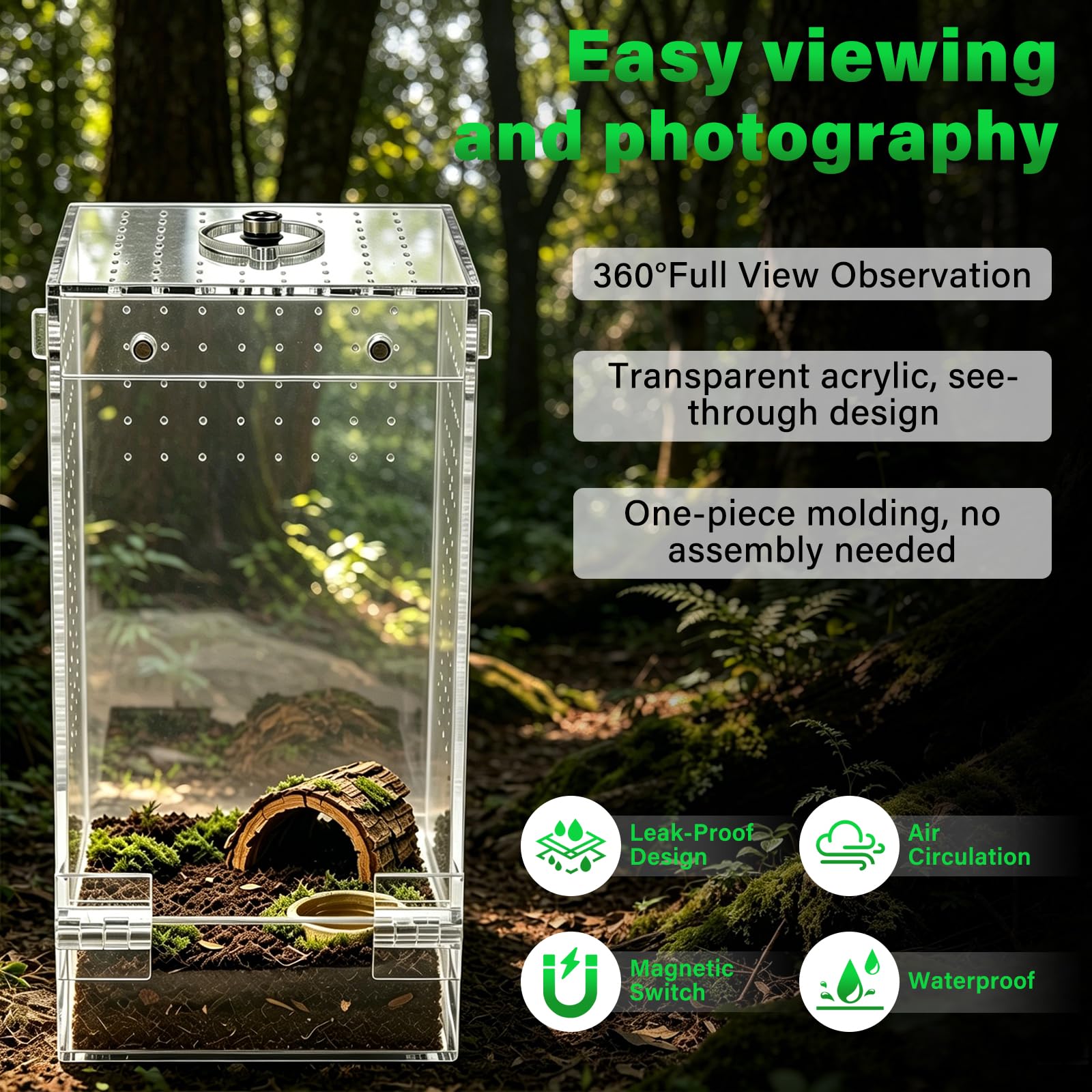 Homtone Akrylowe terrarium, terrarium owadów, terrarium ślimakowe z drzwiami magnetycznymi i otworem na karmę, odpowiednie dla pająków, ślimaków i owadów (10 x 10 x 20 cm)