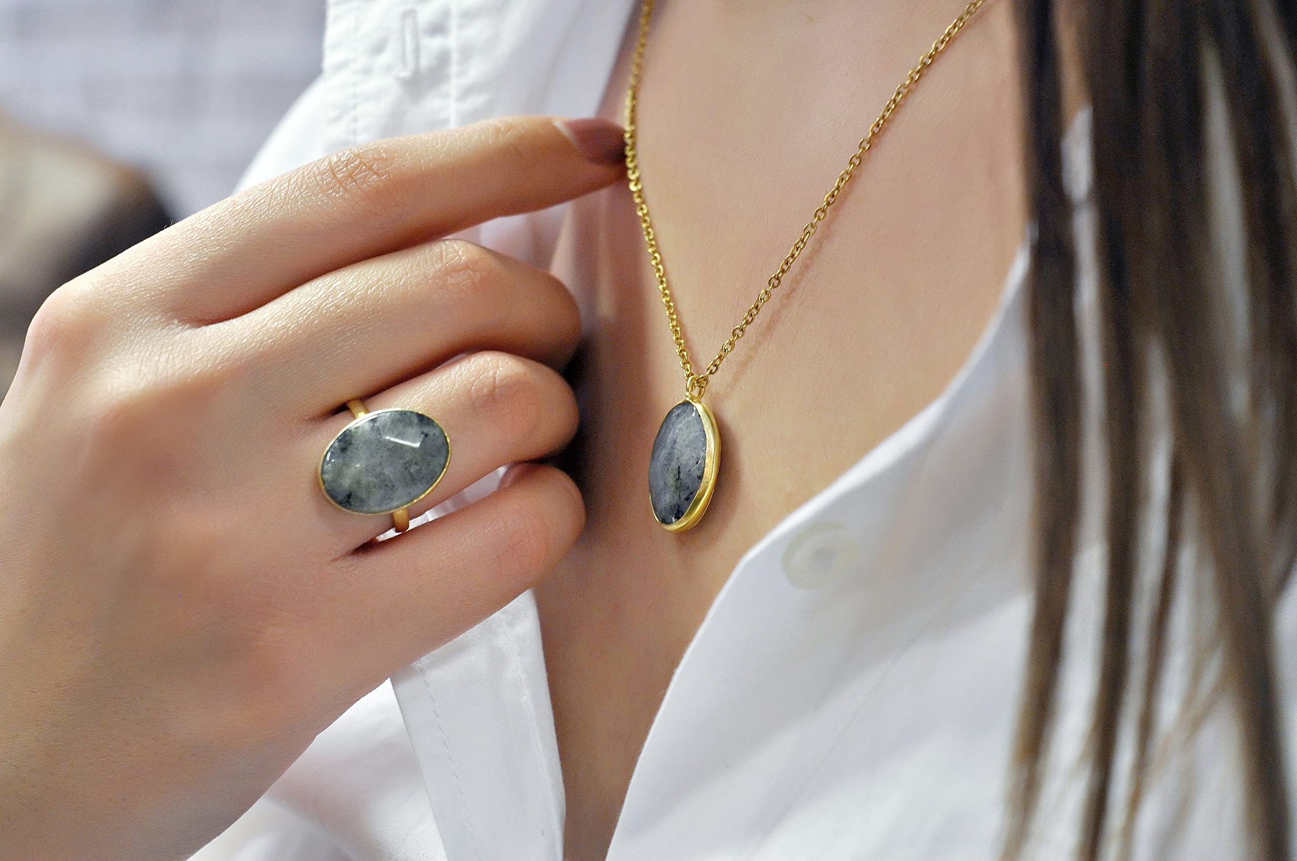 Labradorit - 925 Sterling Silber - Heilstein - Kette - Gold - Grau - Oval - Halskette mit Anhänger - Damen - Geburtstag - Silberkette - Mama Geschenke - Schmuck - Handmade